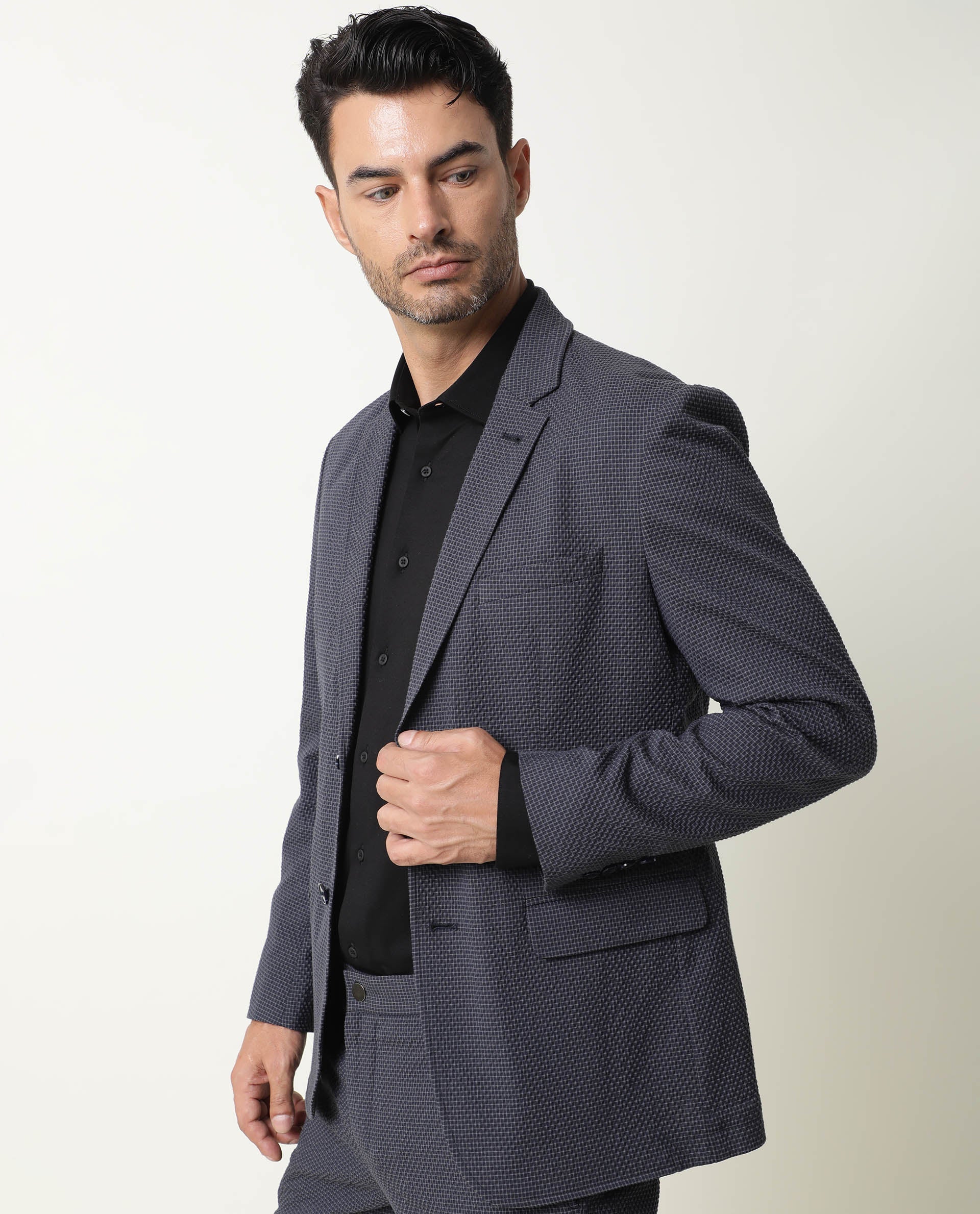 Rare Rabbit Men's Alps Navy Cotton Checked Print Tailored Fit Full Sleeve Lapel Neck Blazer - Image 3