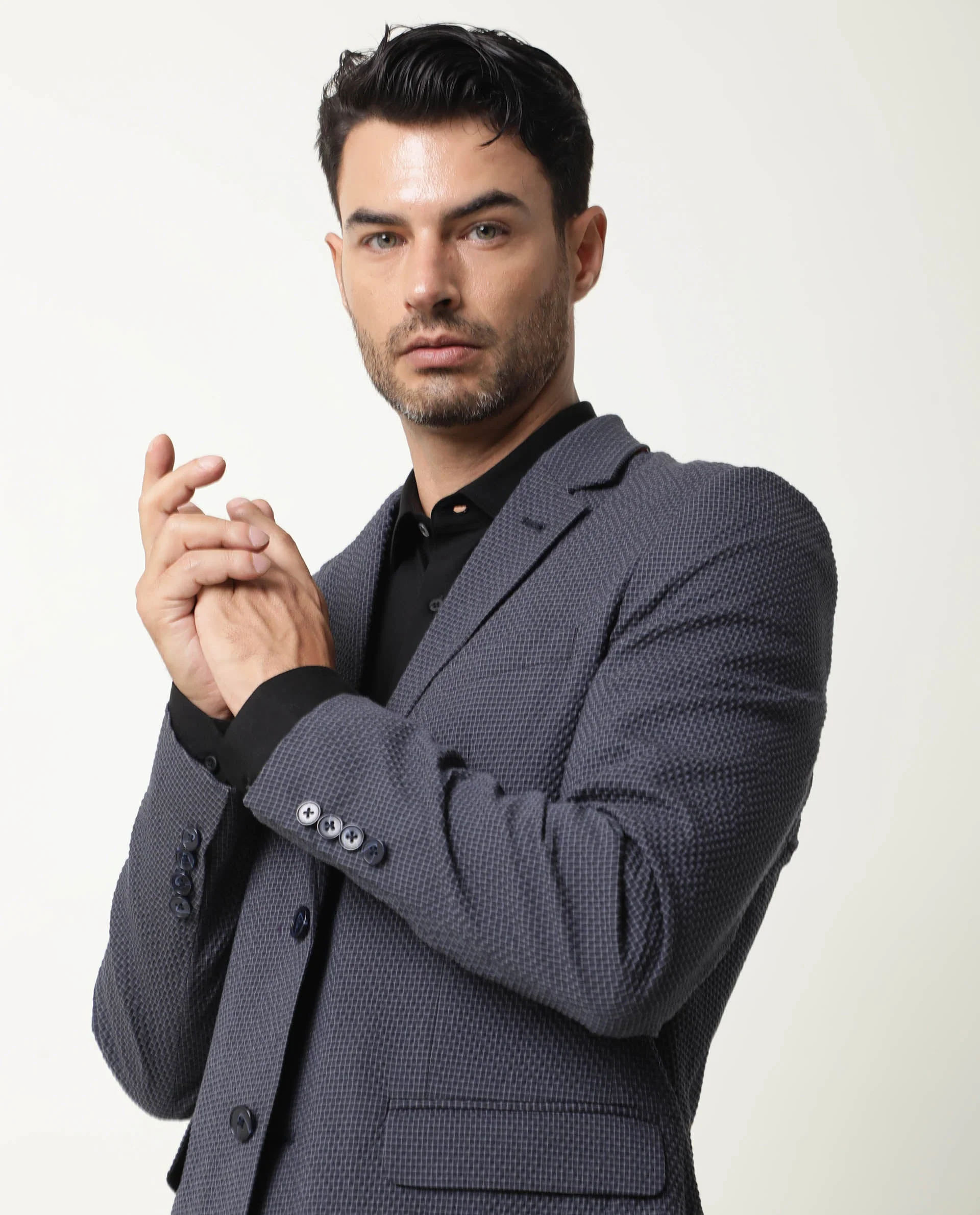 Rare Rabbit Men's Alps Navy Cotton Checked Print Tailored Fit Full Sleeve Lapel Neck Blazer - Image 5