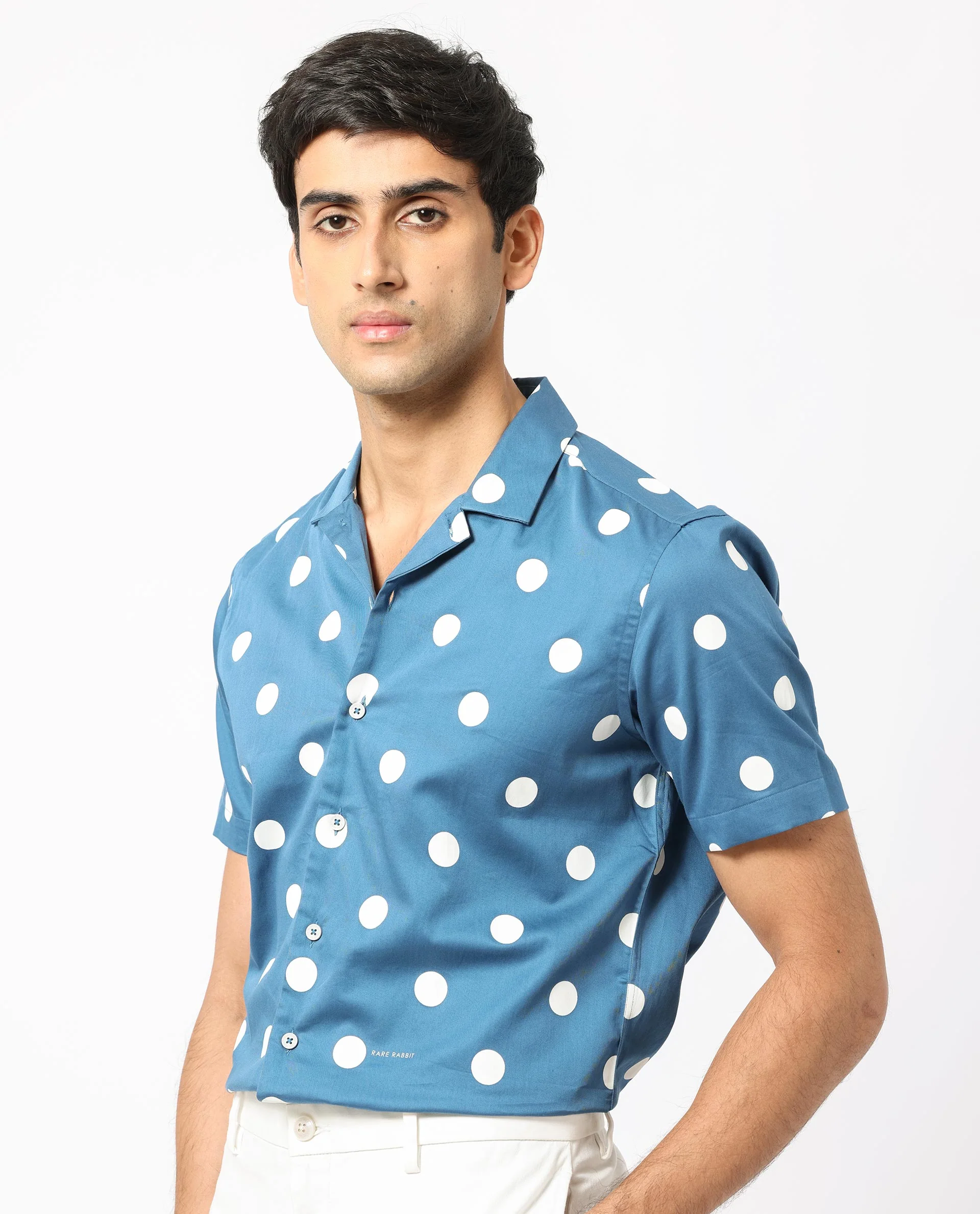Rare Rabbit Men's Astel Blue Cotton Polka Print Tailored Fit Half Sleeve Cuban Collar Shirt - Image 3
