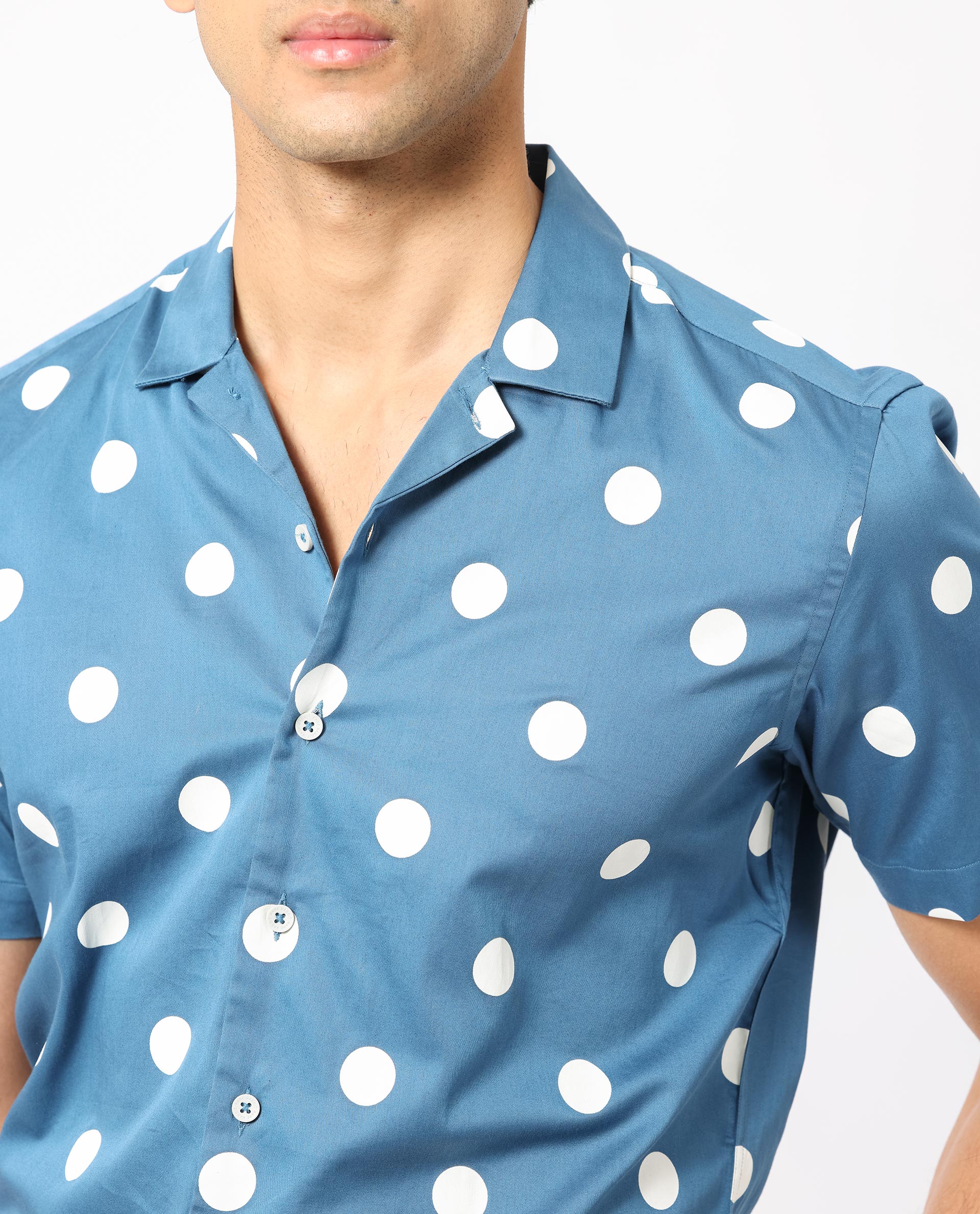 Rare Rabbit Men's Astel Blue Cotton Polka Print Tailored Fit Half Sleeve Cuban Collar Shirt - Image 4