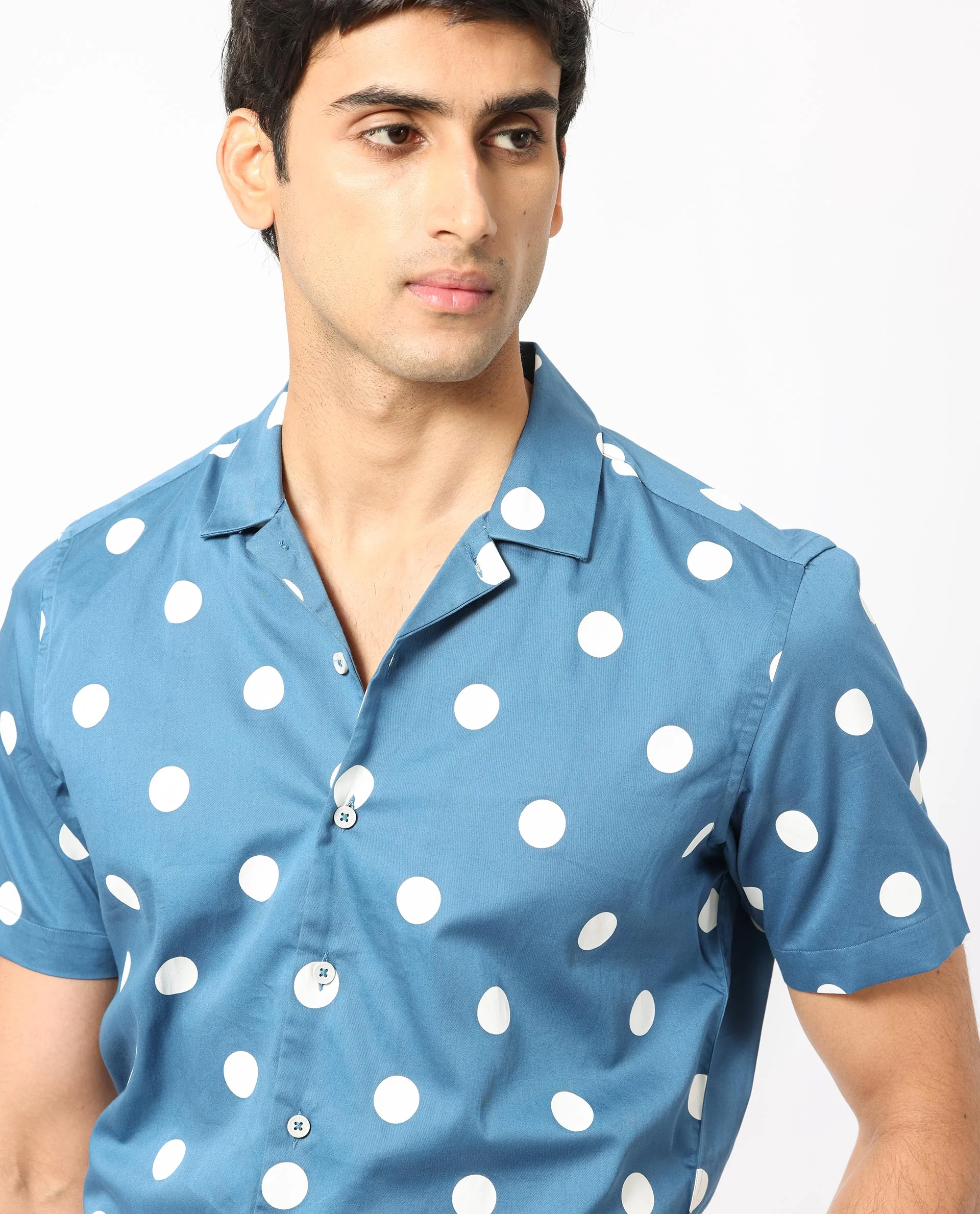 Rare Rabbit Men's Astel Blue Cotton Polka Print Tailored Fit Half Sleeve Cuban Collar Shirt - Image 5