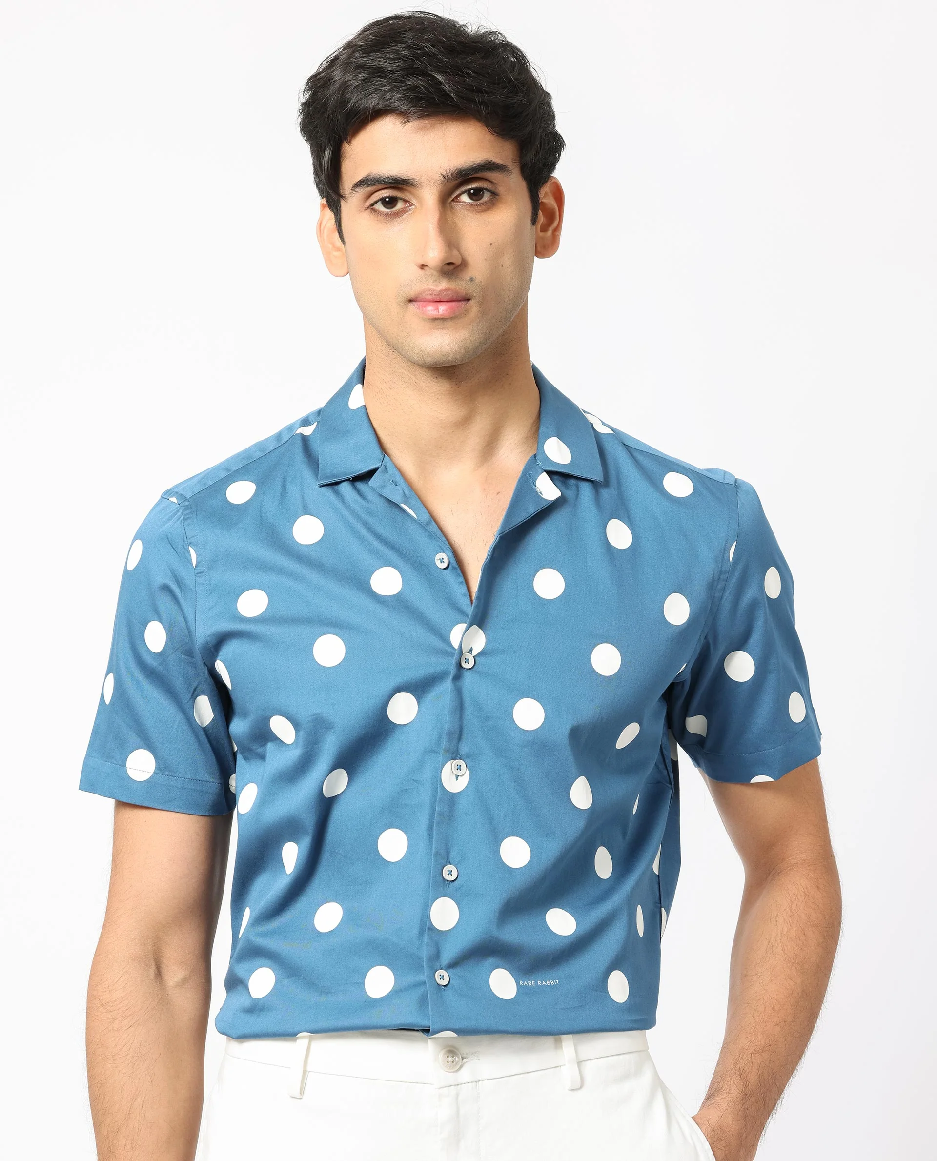 Rare Rabbit Men's Astel Blue Cotton Polka Print Tailored Fit Half Sleeve Cuban Collar Shirt - Image 6