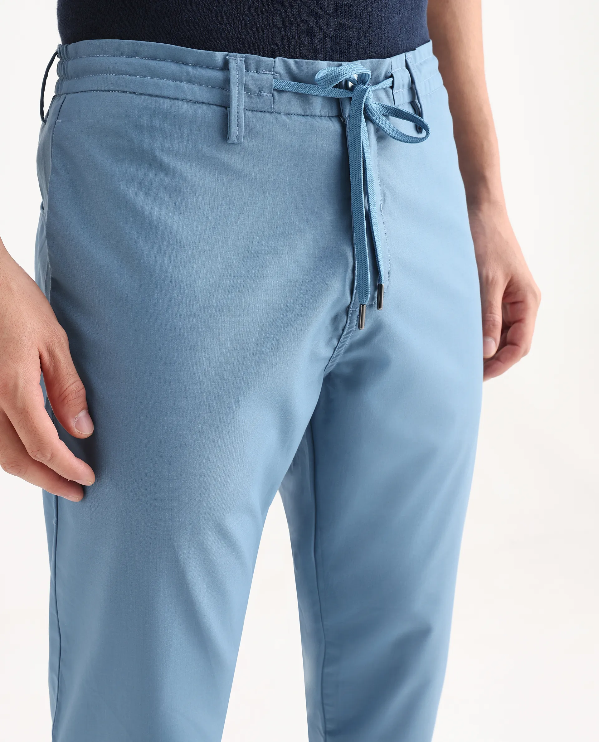 Rare Rabbit Men's Aux Blue Polyester Plain Regular Fit Trouser - Image 3