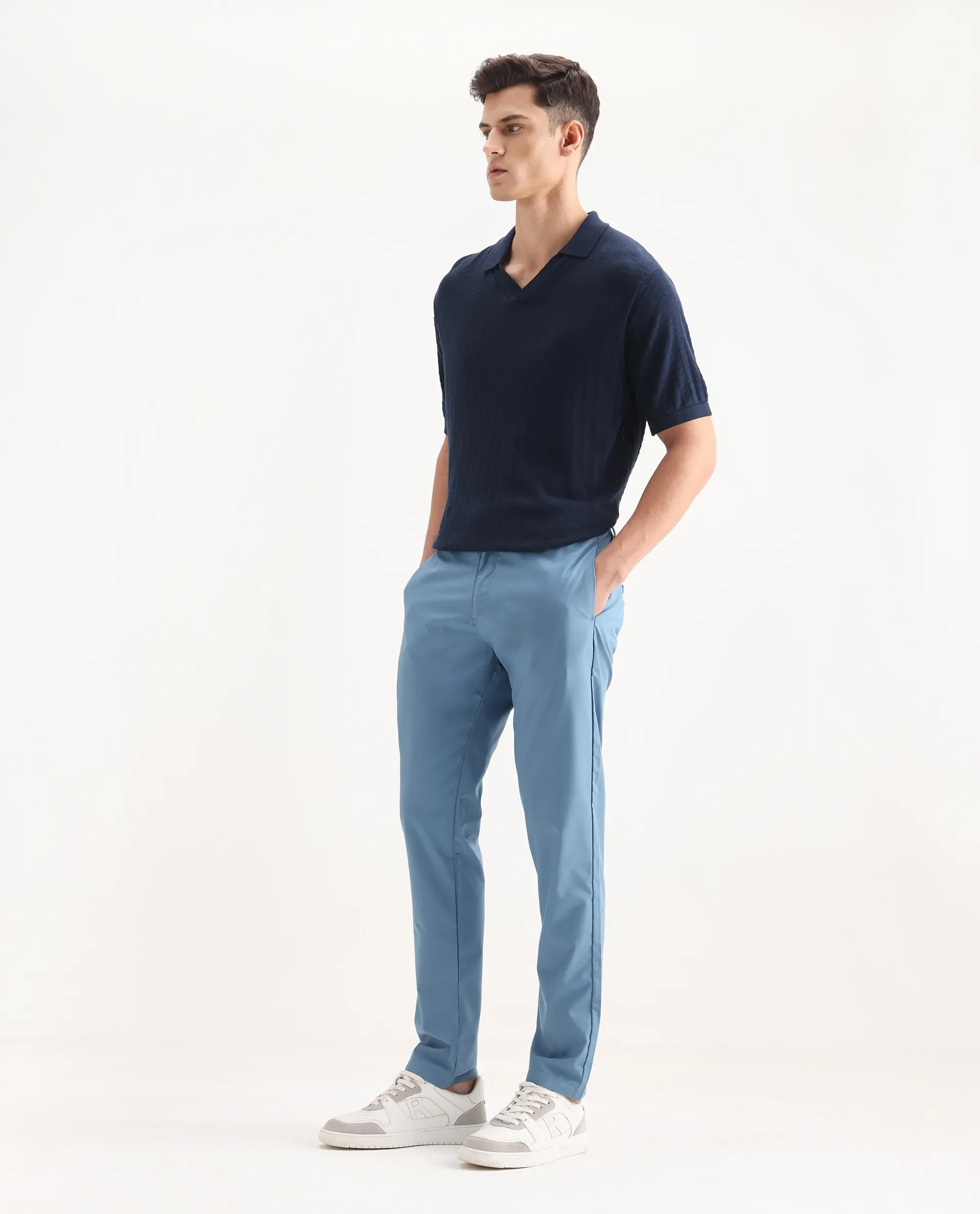 Rare Rabbit Men's Aux Blue Polyester Plain Regular Fit Trouser - Image 5