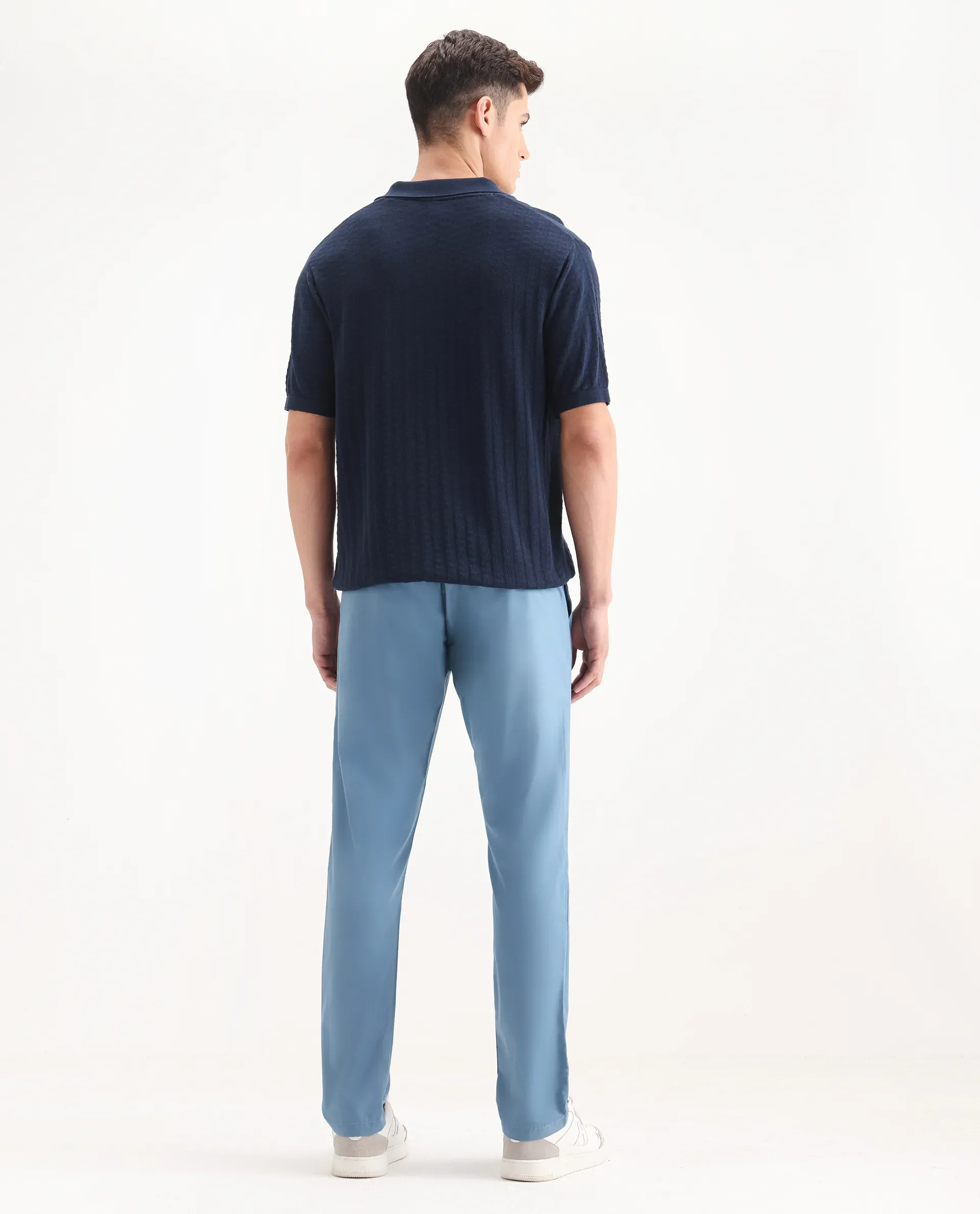 Rare Rabbit Men's Aux Blue Polyester Plain Regular Fit Trouser - Image 7