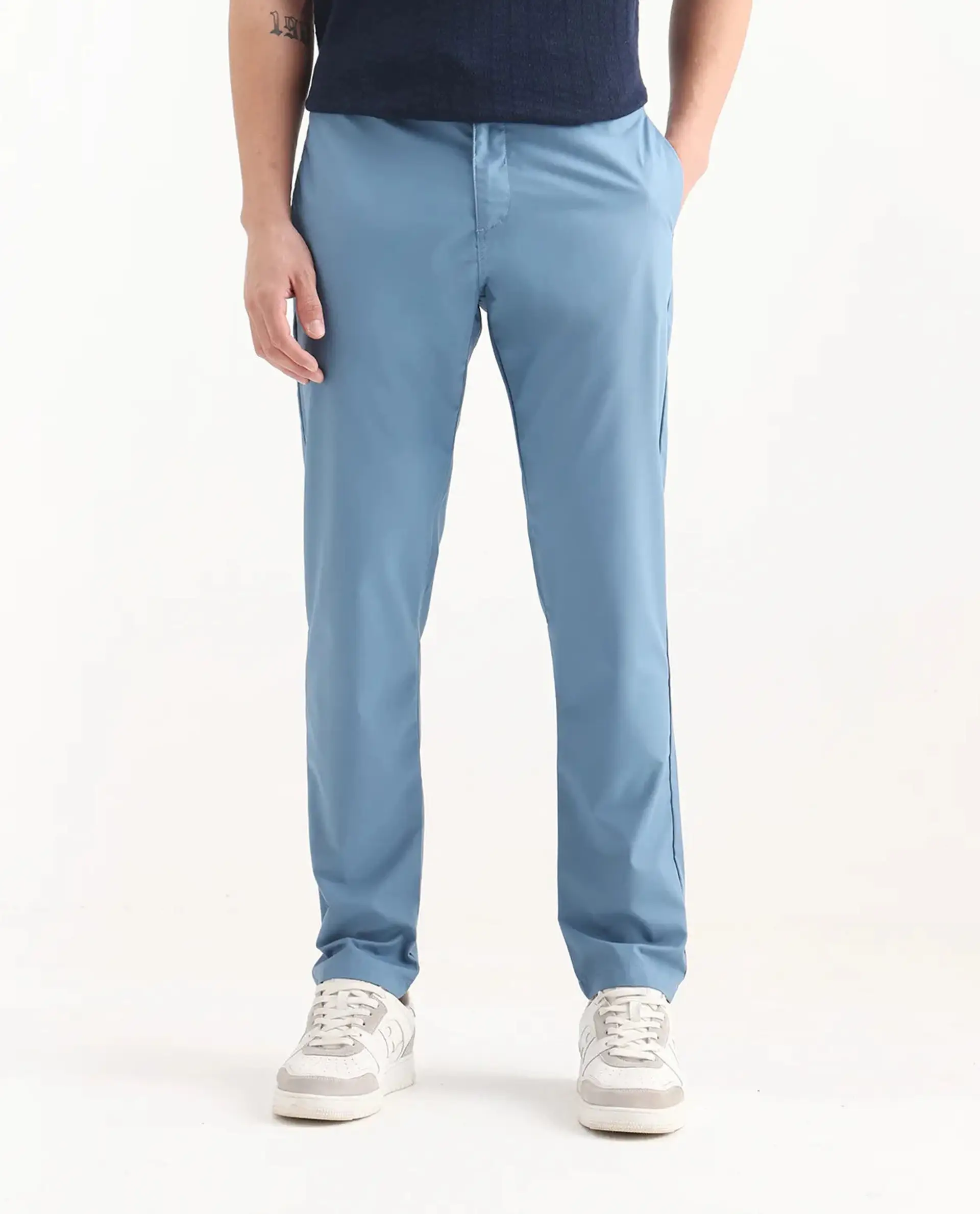 Rare Rabbit Men's Aux Blue Polyester Plain Regular Fit Trouser - Image 8