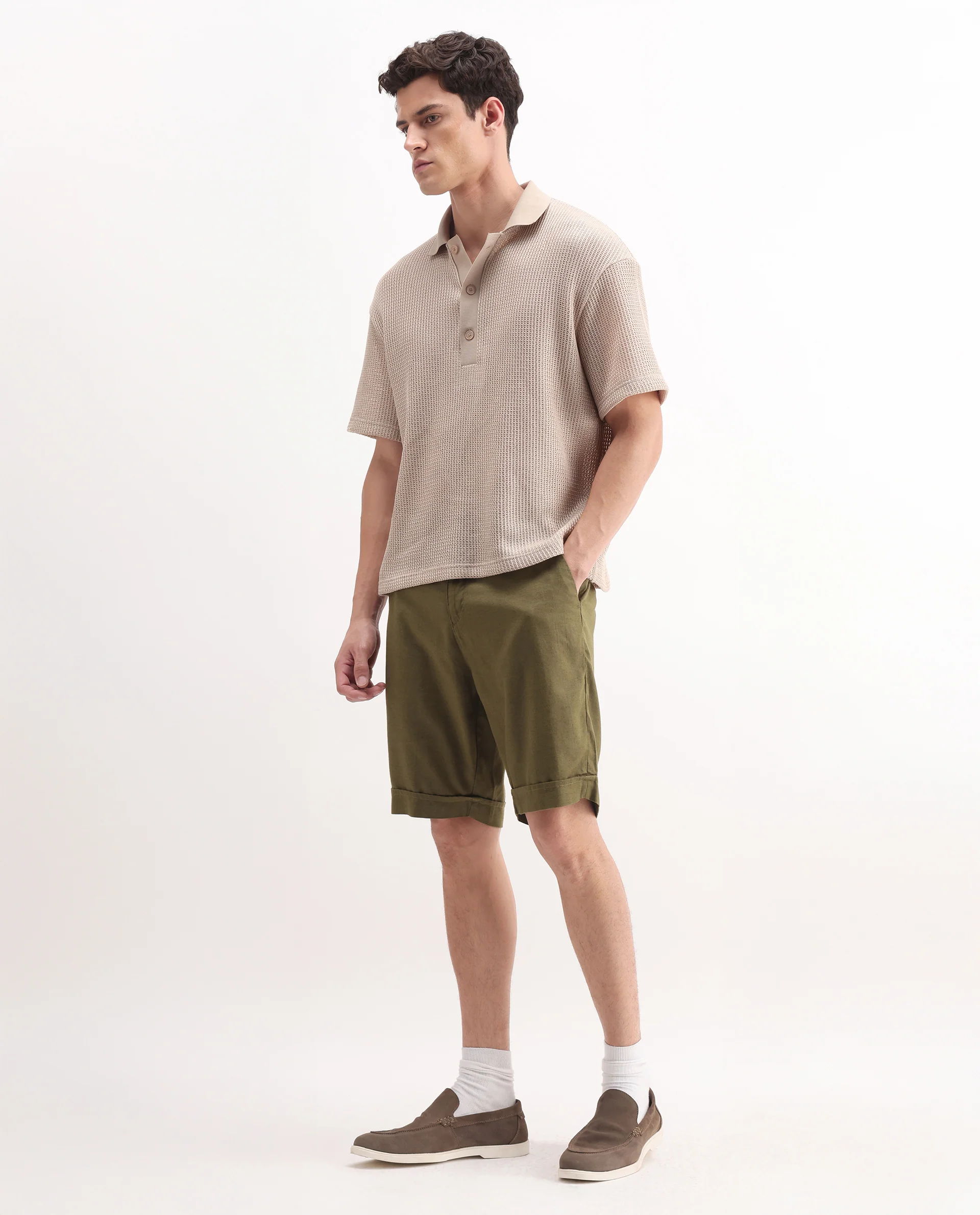 Rare Rabbit Men's Camer Olive 100% Linen Plain Regular Fit Shorts - Image 7