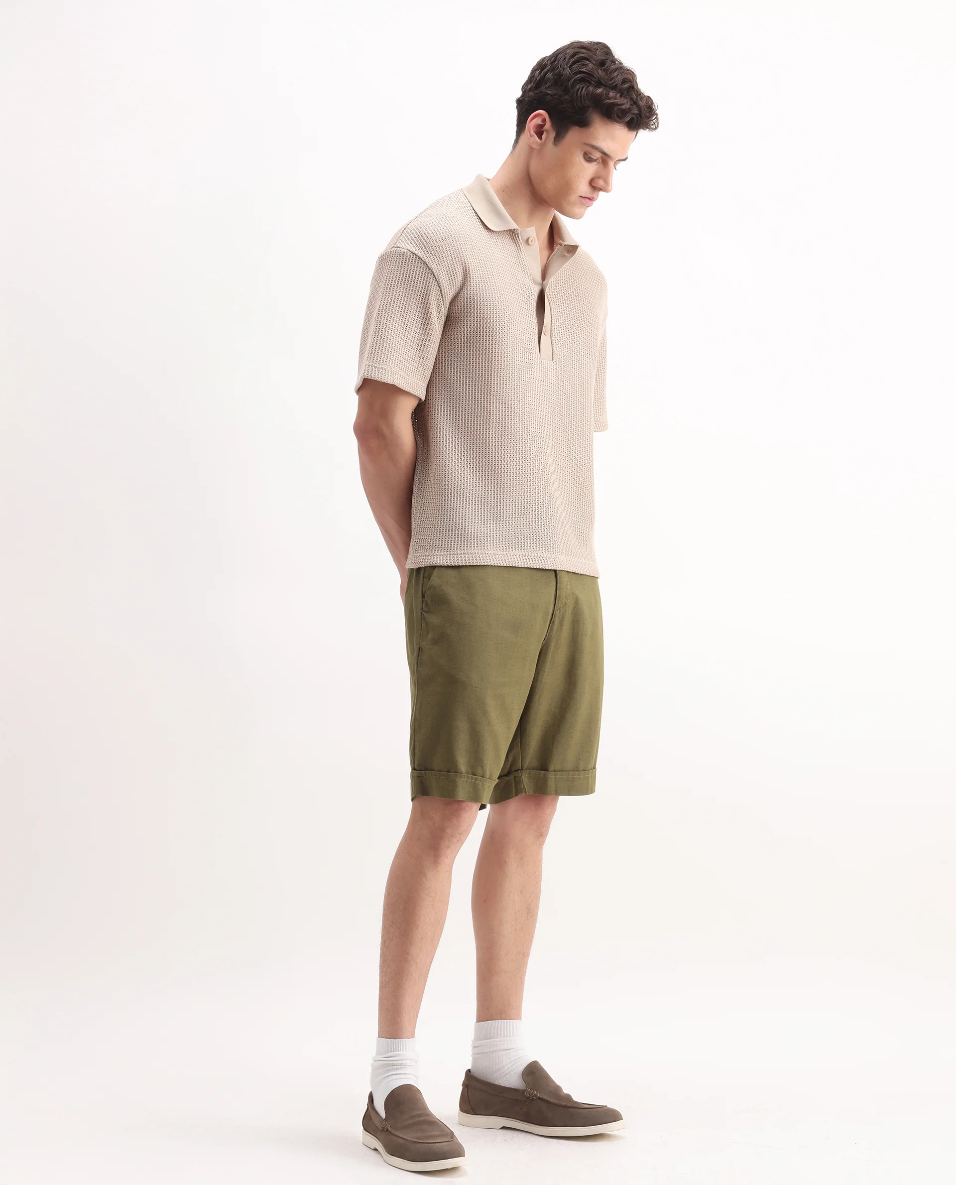 Rare Rabbit Men's Camer Olive 100% Linen Plain Regular Fit Shorts - Image 8