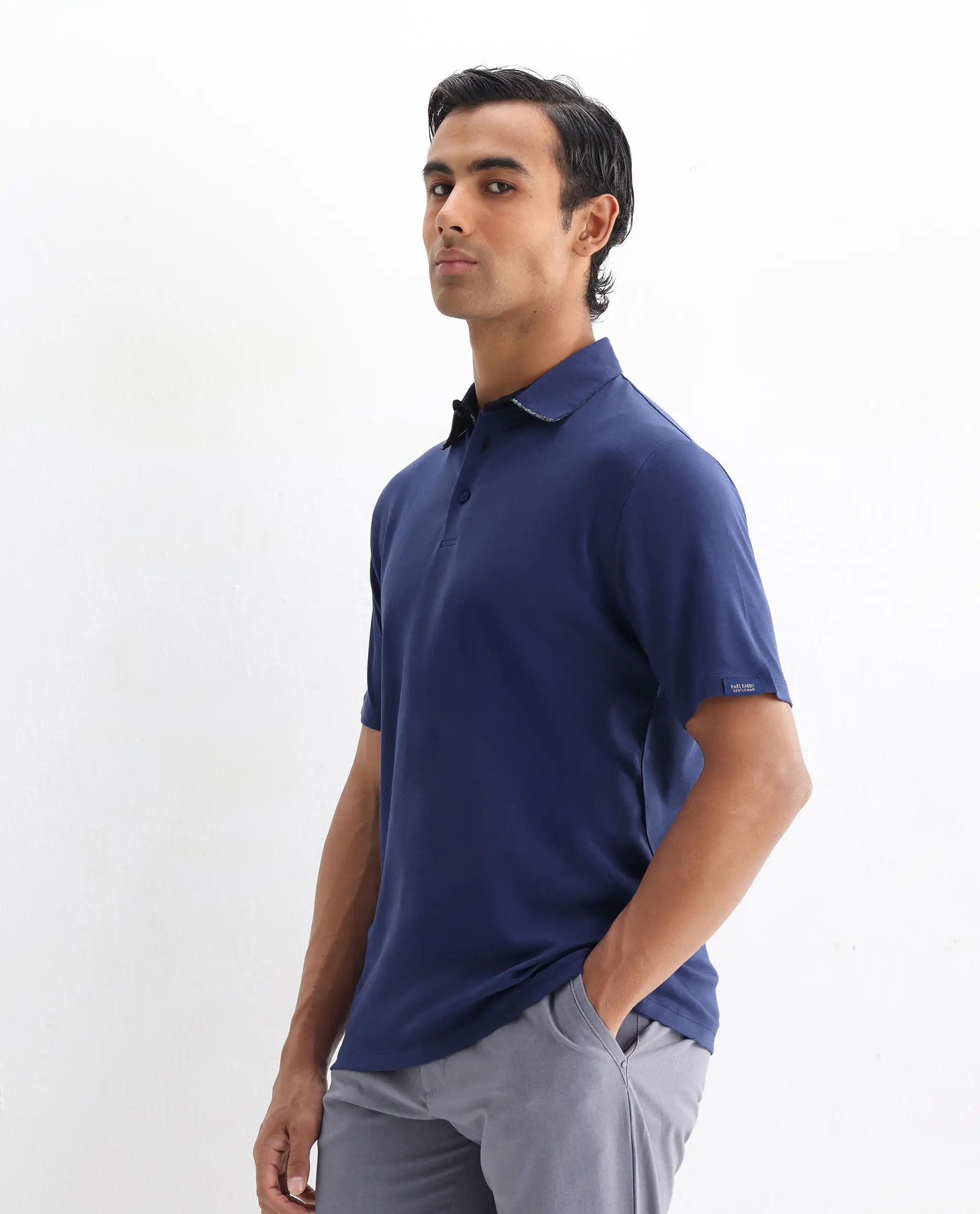 Rare Rabbit Men's Casca Dark Blue Cotton Plain Regular Fit Half Sleeve Polo - Image 4