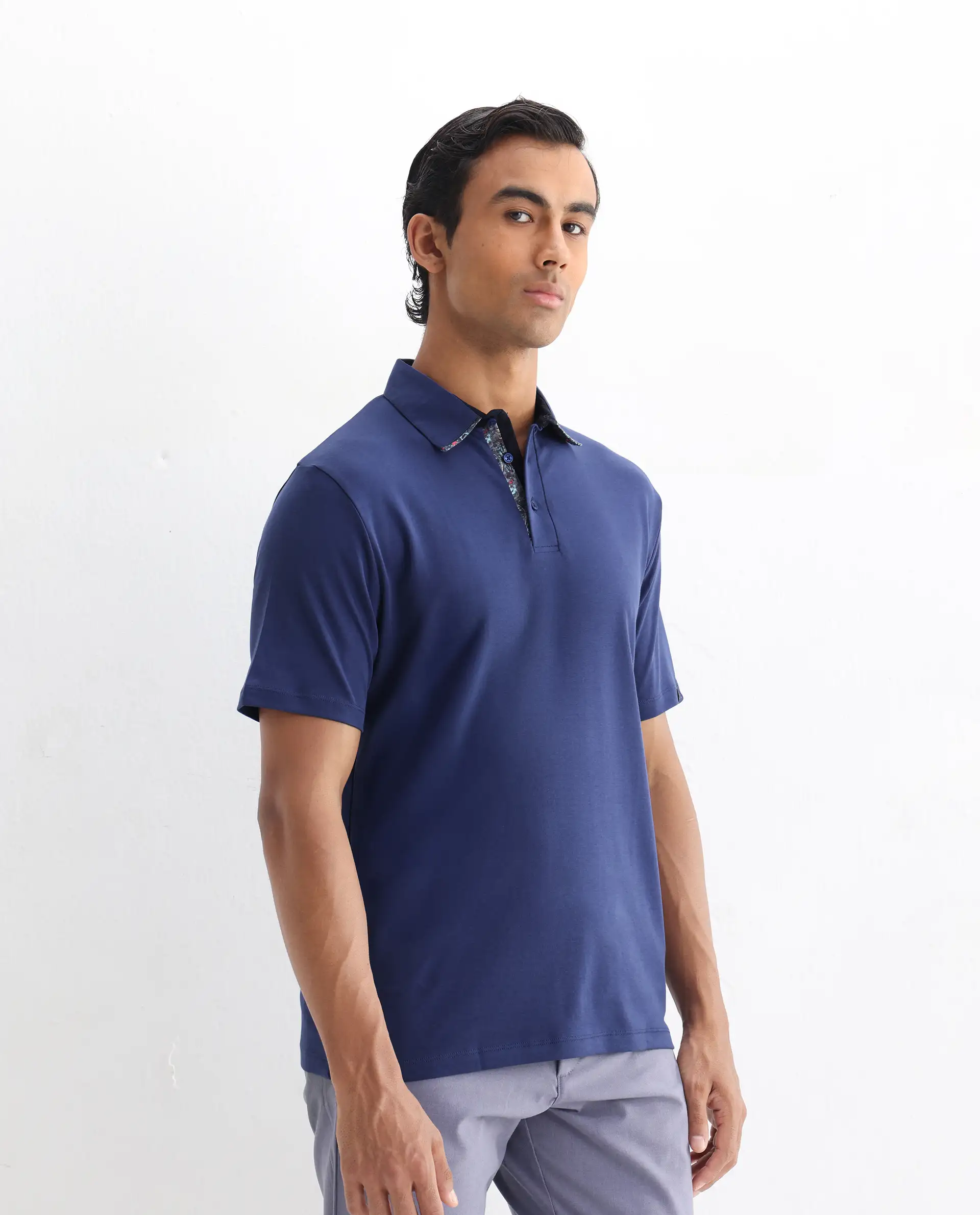 Rare Rabbit Men's Casca Dark Blue Cotton Plain Regular Fit Half Sleeve Polo - Image 5