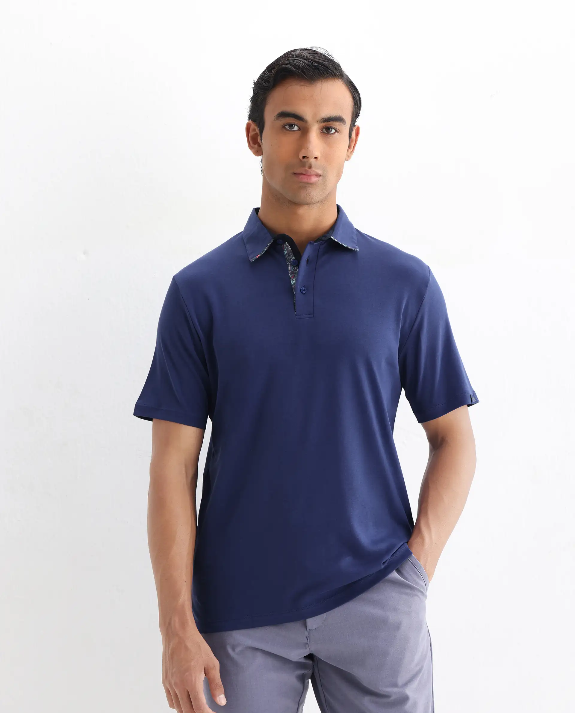 Rare Rabbit Men's Casca Dark Blue Cotton Plain Regular Fit Half Sleeve Polo - Image 6
