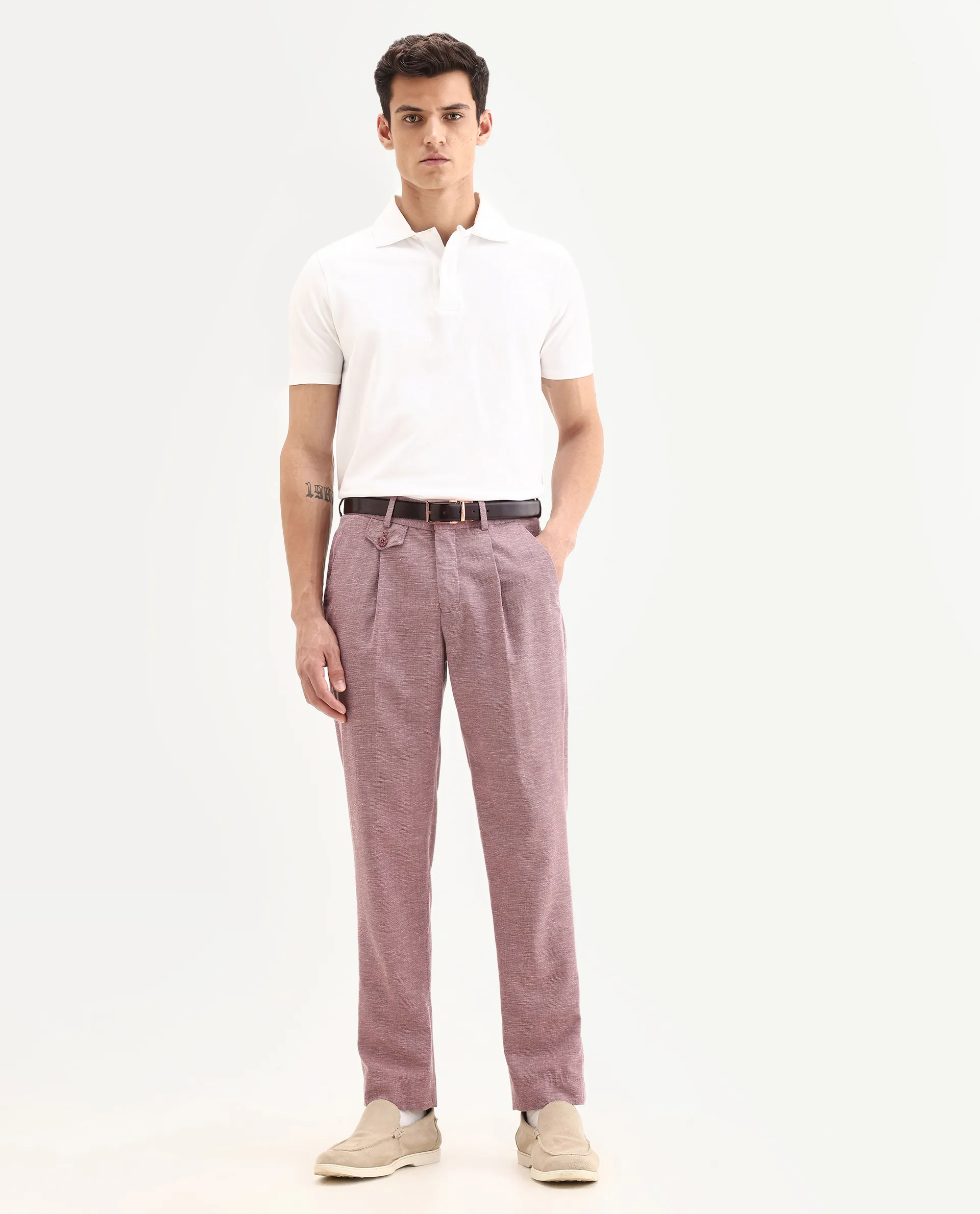 Rare Rabbit Men's Dex Maroon Cotton Plain Regular Fit Trouser - Image 4