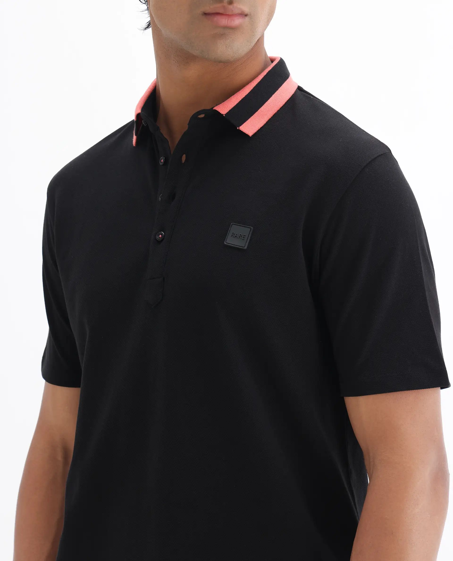 Rare Rabbit Men's Divide Black Cotton Plain Regular Fit Half Sleeve Polo - Image 3