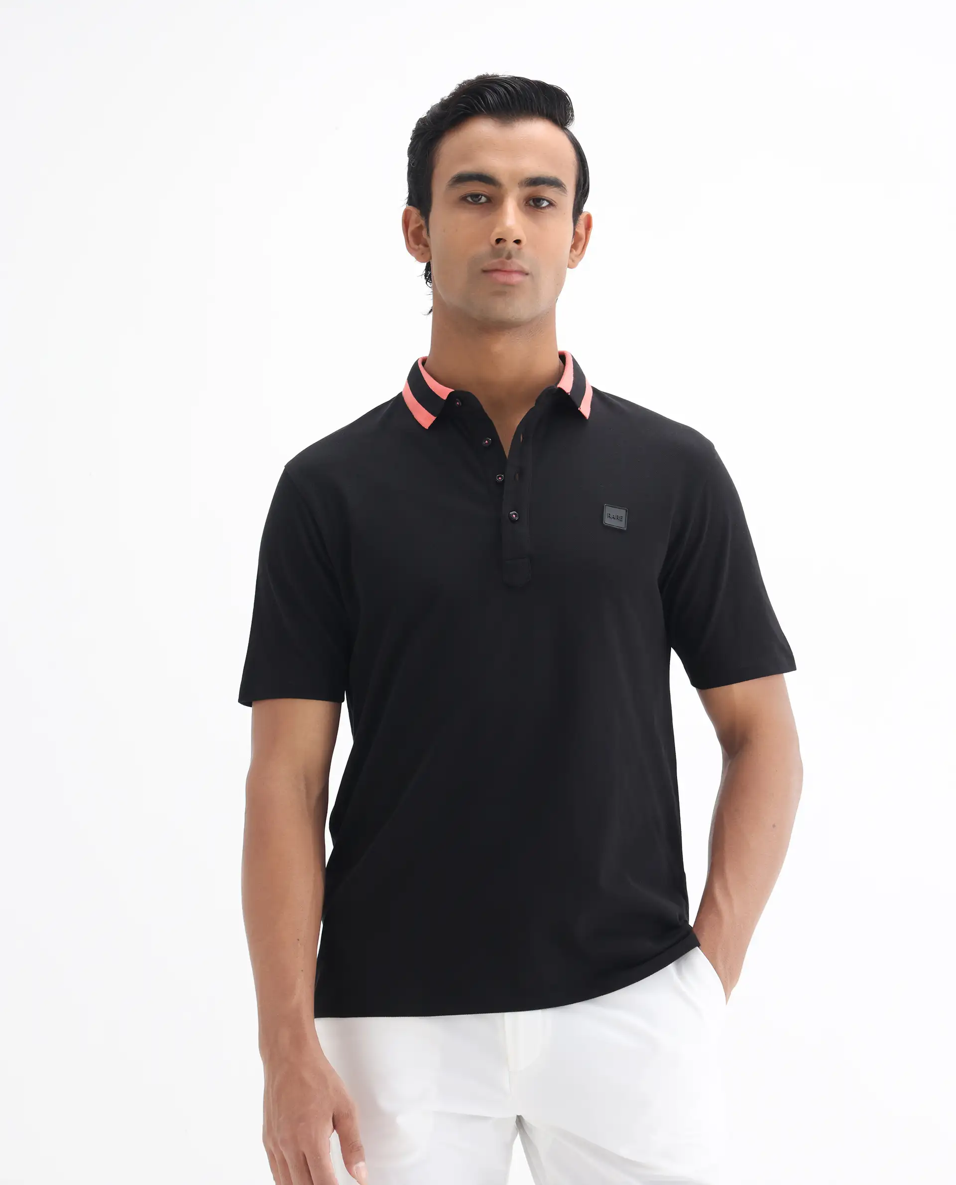Rare Rabbit Men's Divide Black Cotton Plain Regular Fit Half Sleeve Polo - Image 4