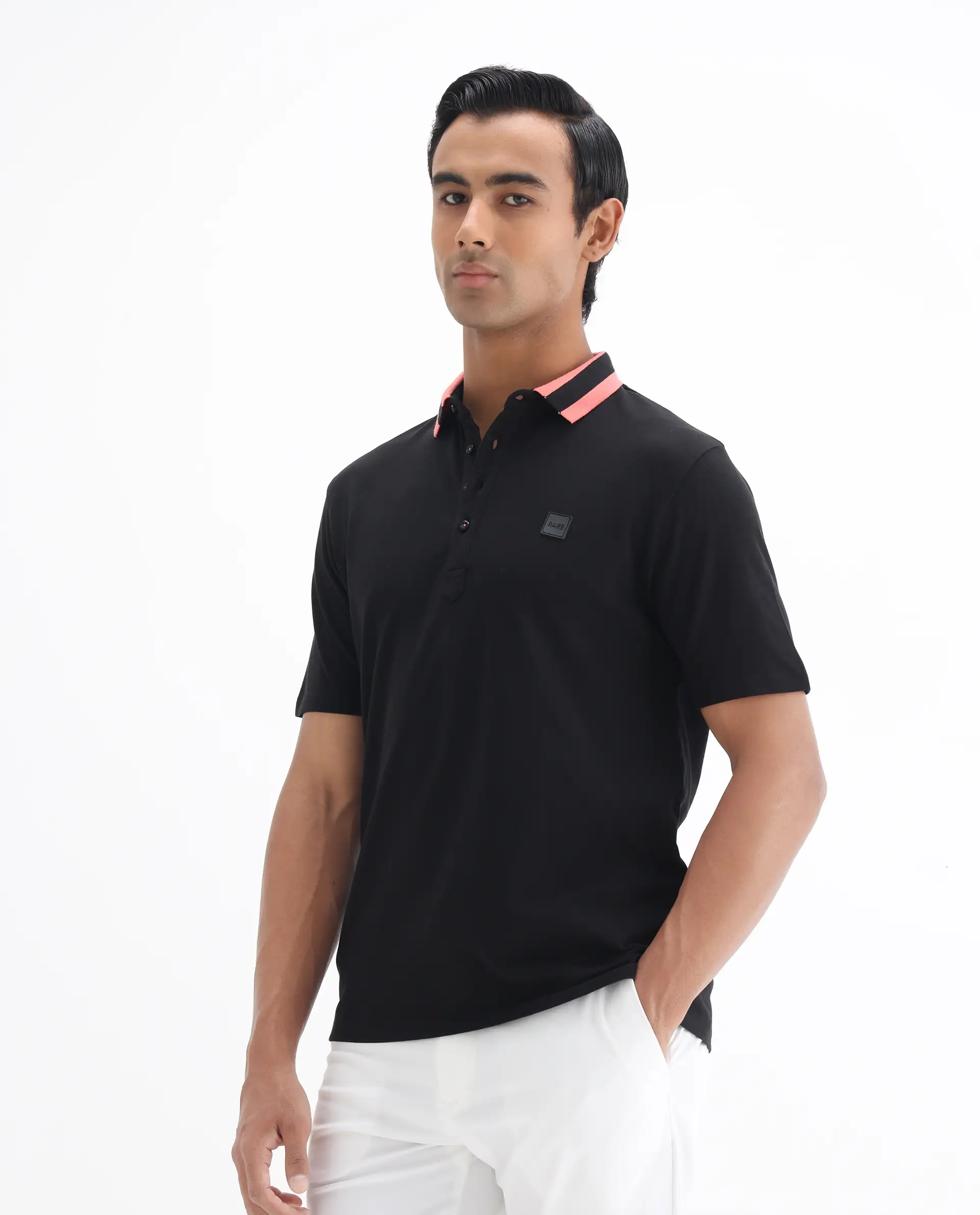 Rare Rabbit Men's Divide Black Cotton Plain Regular Fit Half Sleeve Polo - Image 5