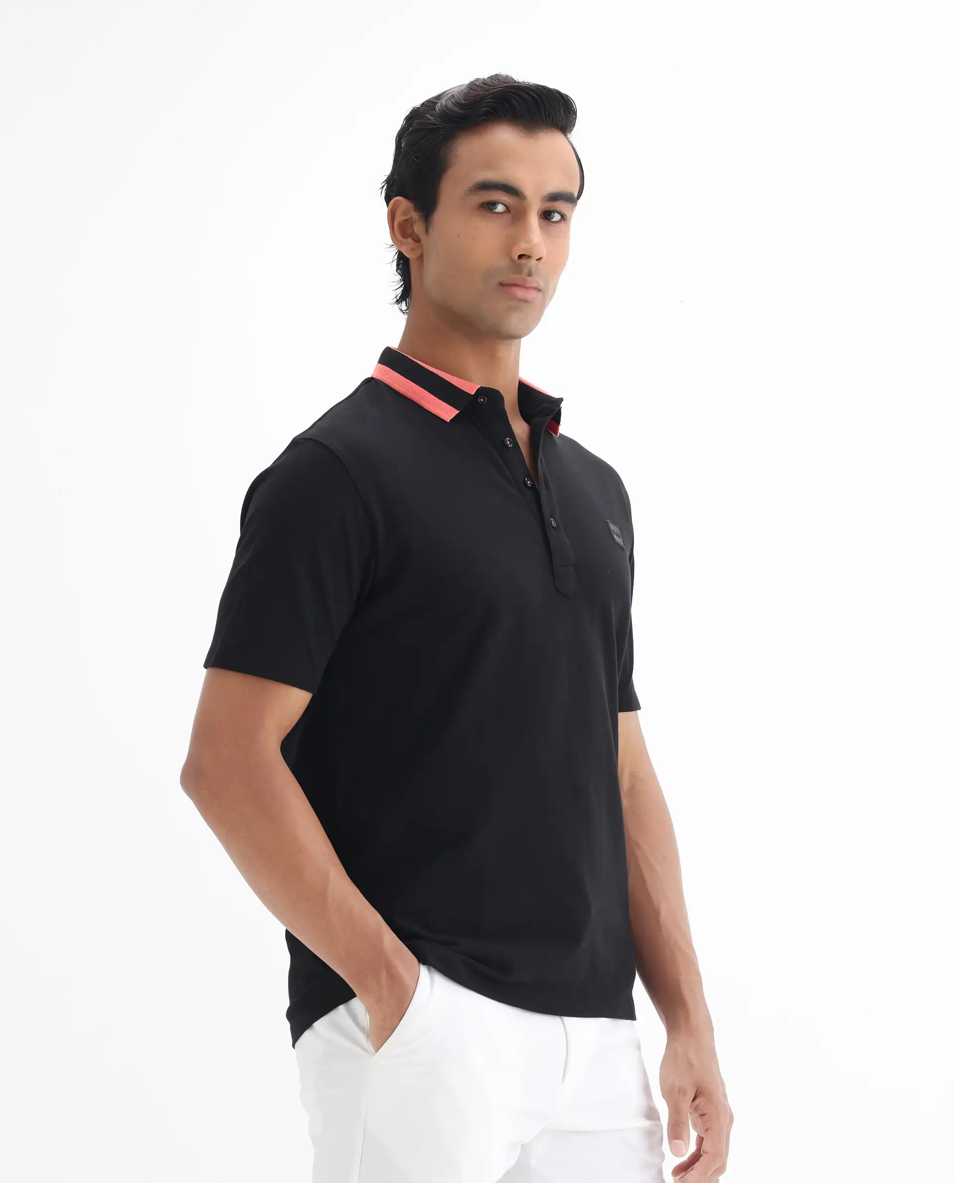Rare Rabbit Men's Divide Black Cotton Plain Regular Fit Half Sleeve Polo - Image 6