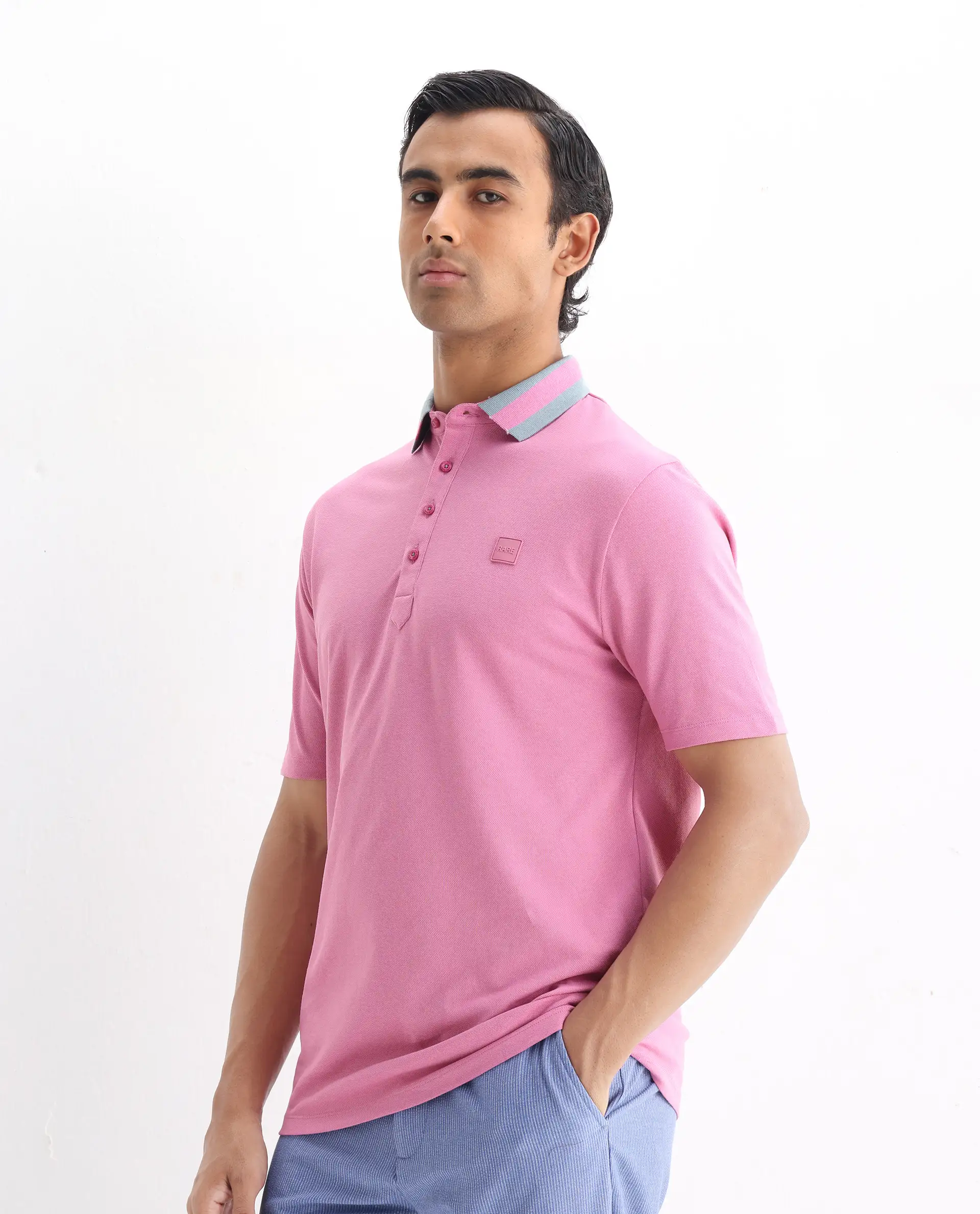 Rare Rabbit Men's Divide Light Purple Cotton Plain Regular Fit Half Sleeve Polo - Image 4