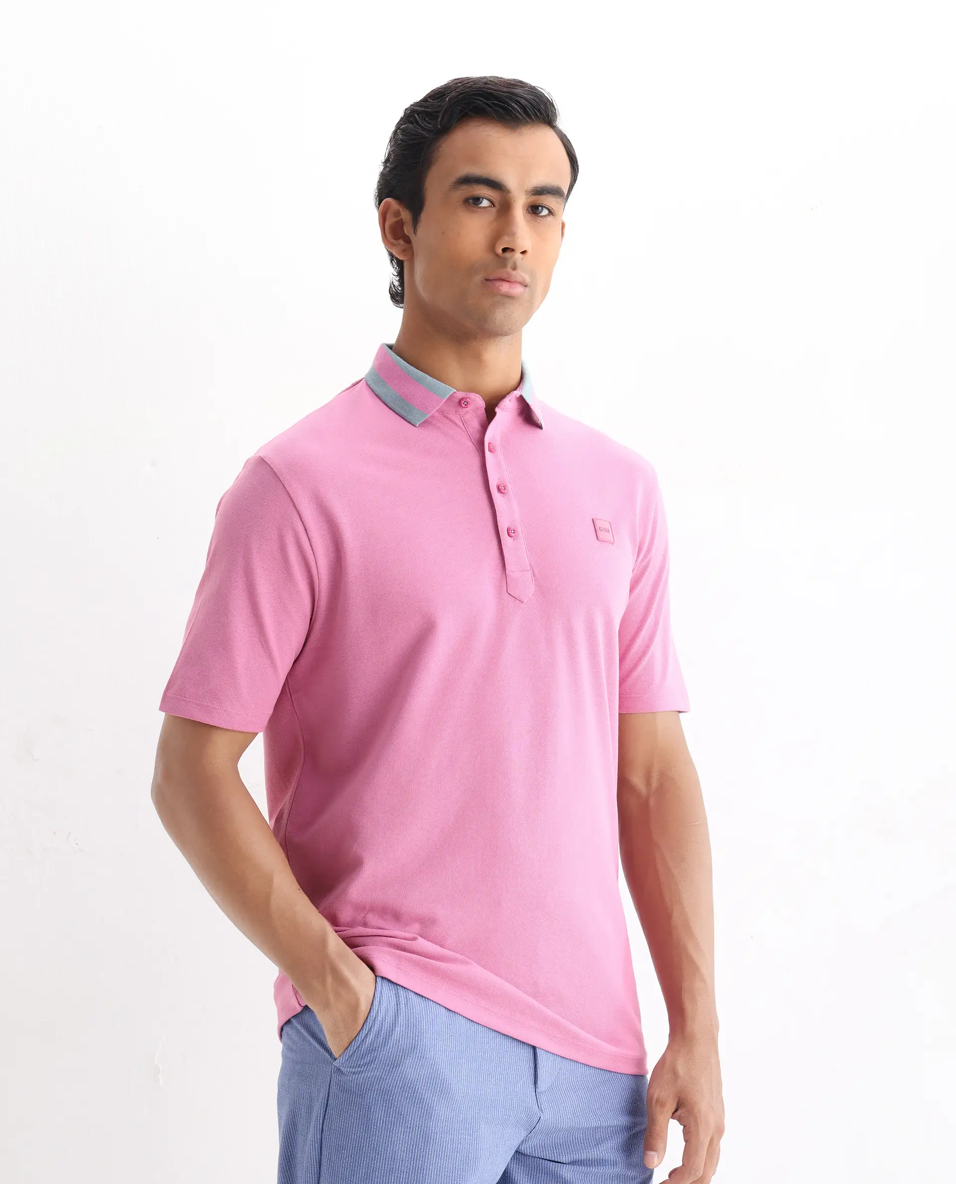 Rare Rabbit Men's Divide Light Purple Cotton Plain Regular Fit Half Sleeve Polo - Image 5