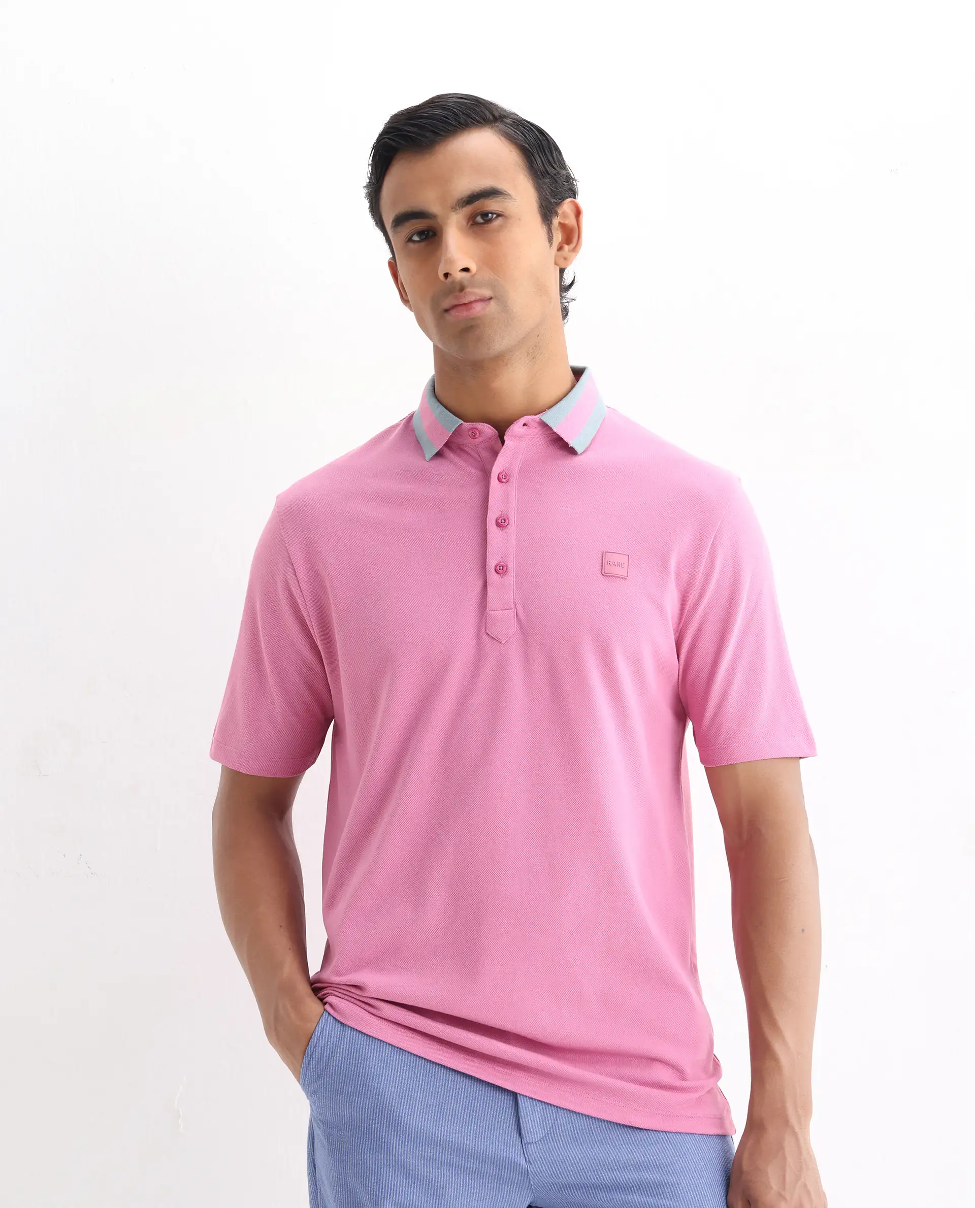 Rare Rabbit Men's Divide Light Purple Cotton Plain Regular Fit Half Sleeve Polo - Image 6