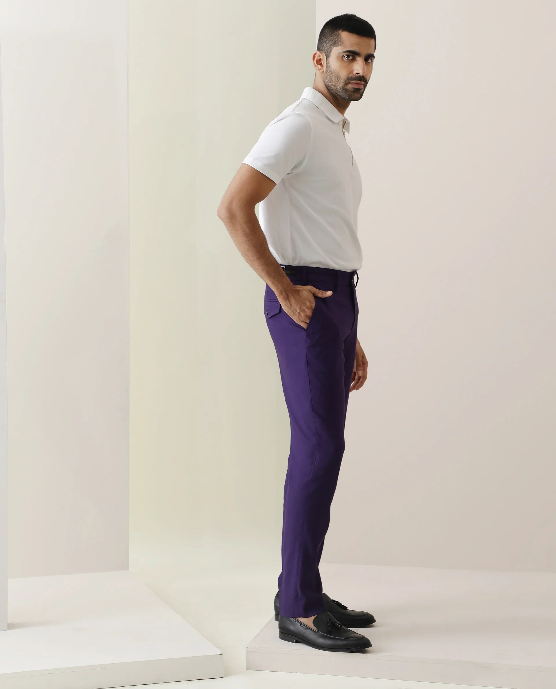 Rare Rabbit Men's Glade Purple Viscose Plain Slim Fit Trouser - Image 7