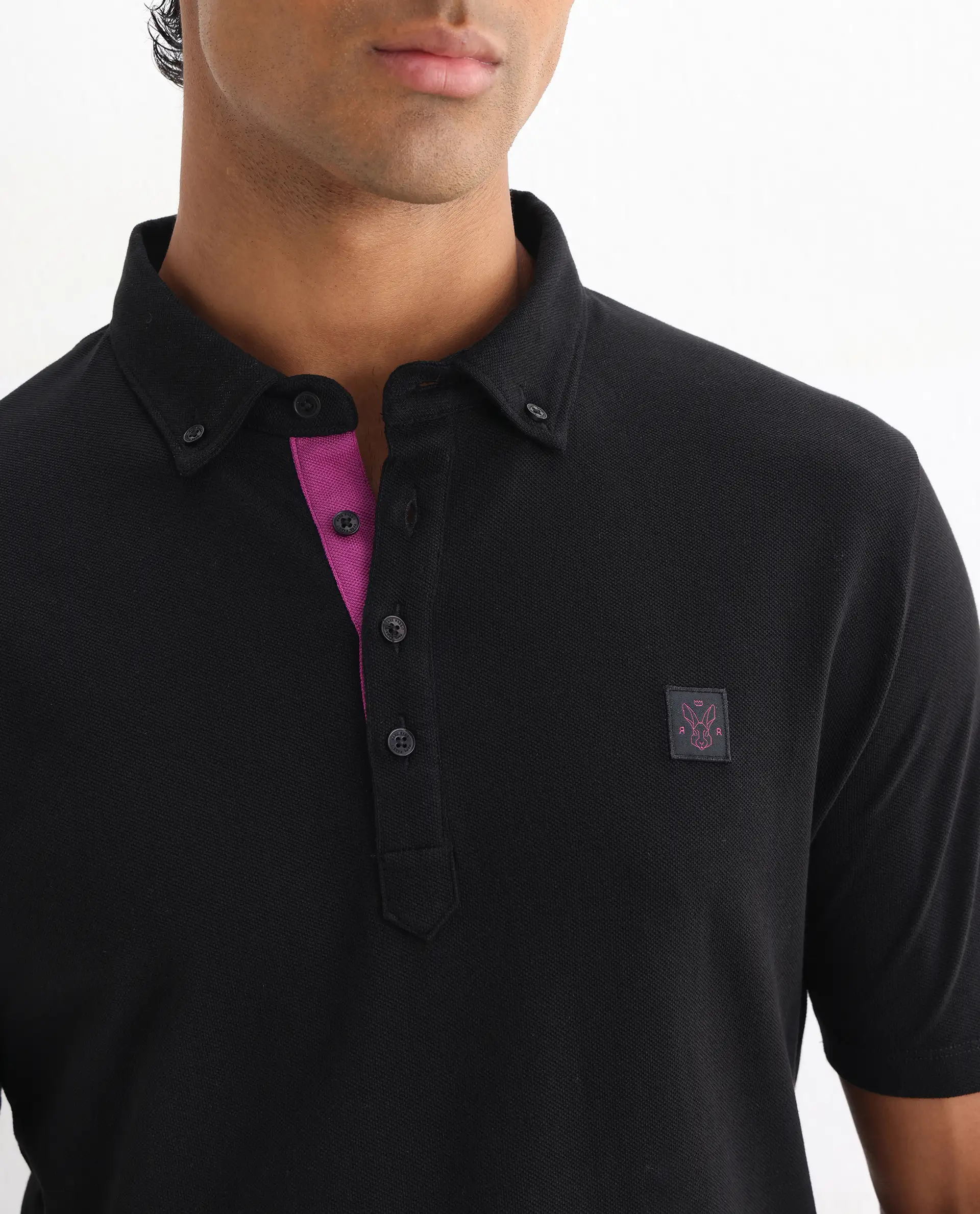 Rare Rabbit Men's Herval Black Cotton Plain Regular Fit Half Sleeve Polo - Image 3