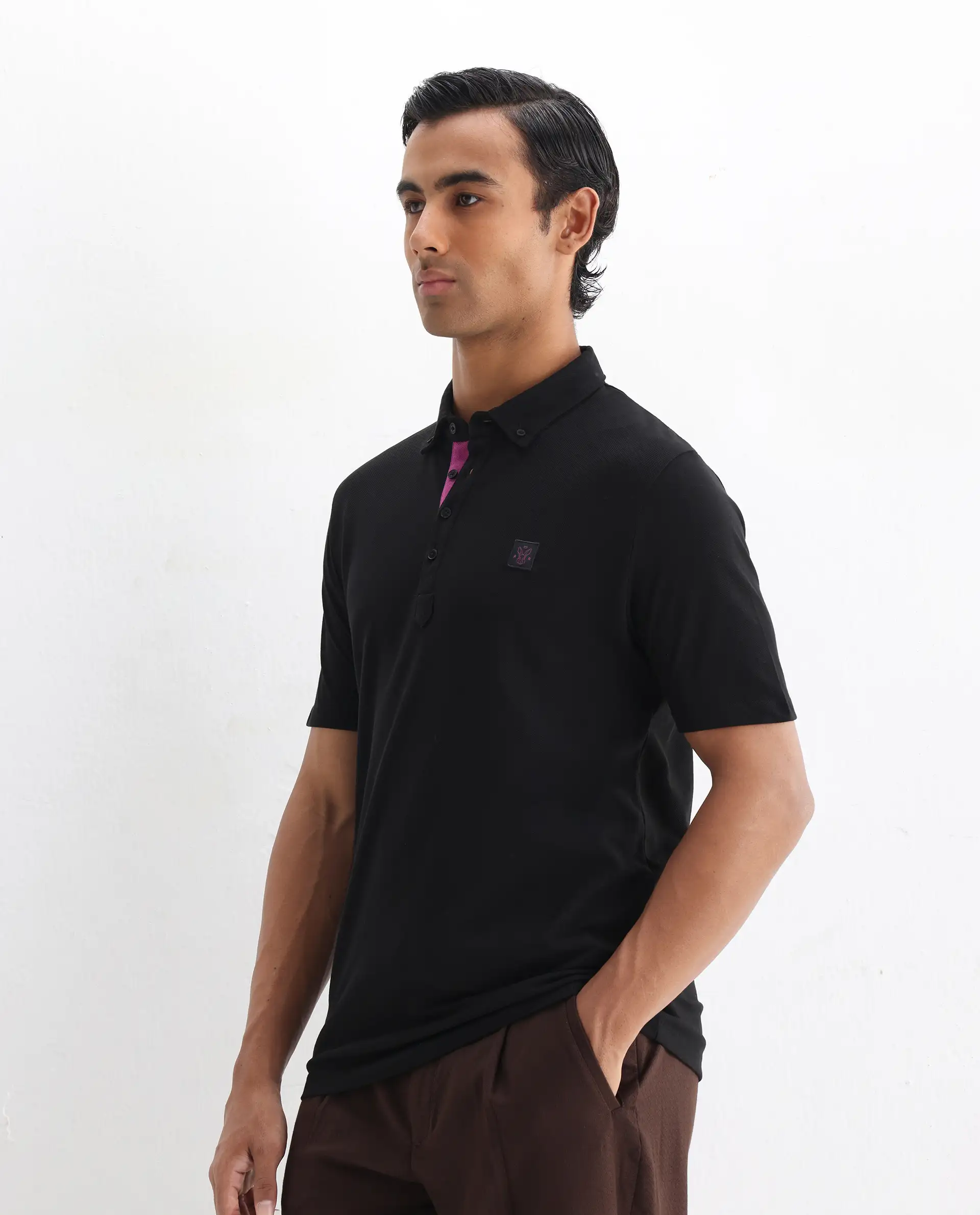 Rare Rabbit Men's Herval Black Cotton Plain Regular Fit Half Sleeve Polo - Image 4