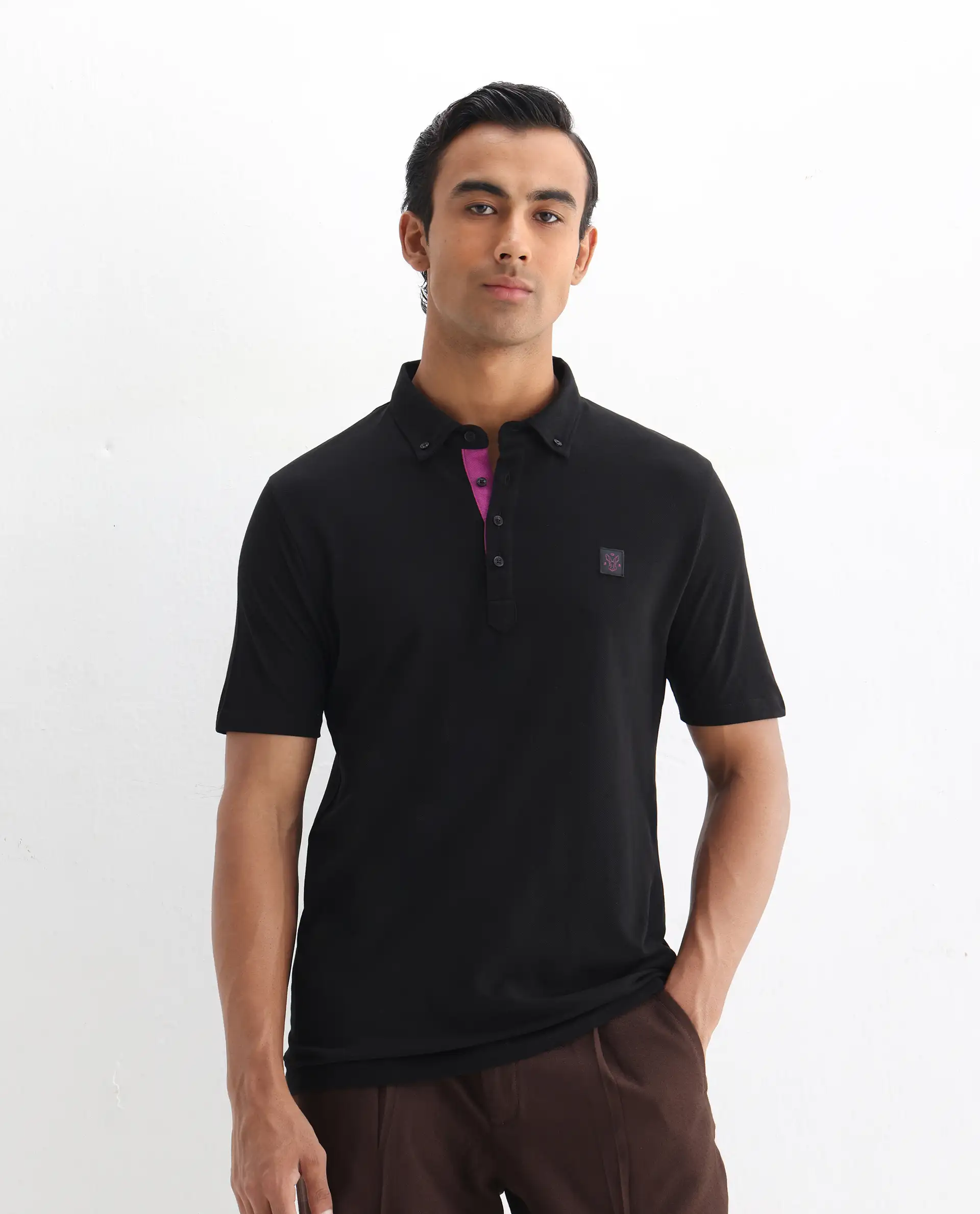 Rare Rabbit Men's Herval Black Cotton Plain Regular Fit Half Sleeve Polo - Image 6