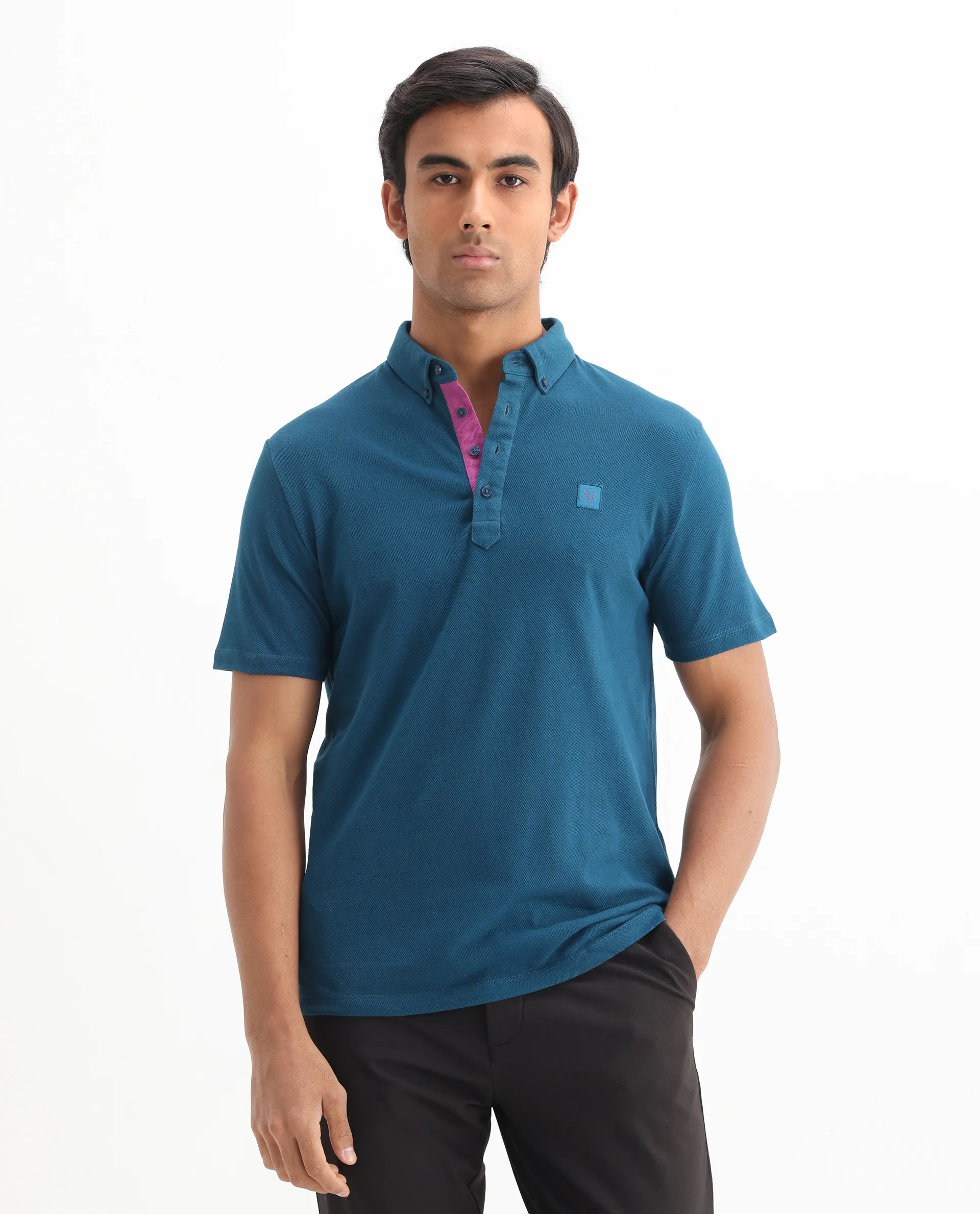 Rare Rabbit Men's Herval Blue Cotton Plain Regular Fit Half Sleeve Polo - Image 3
