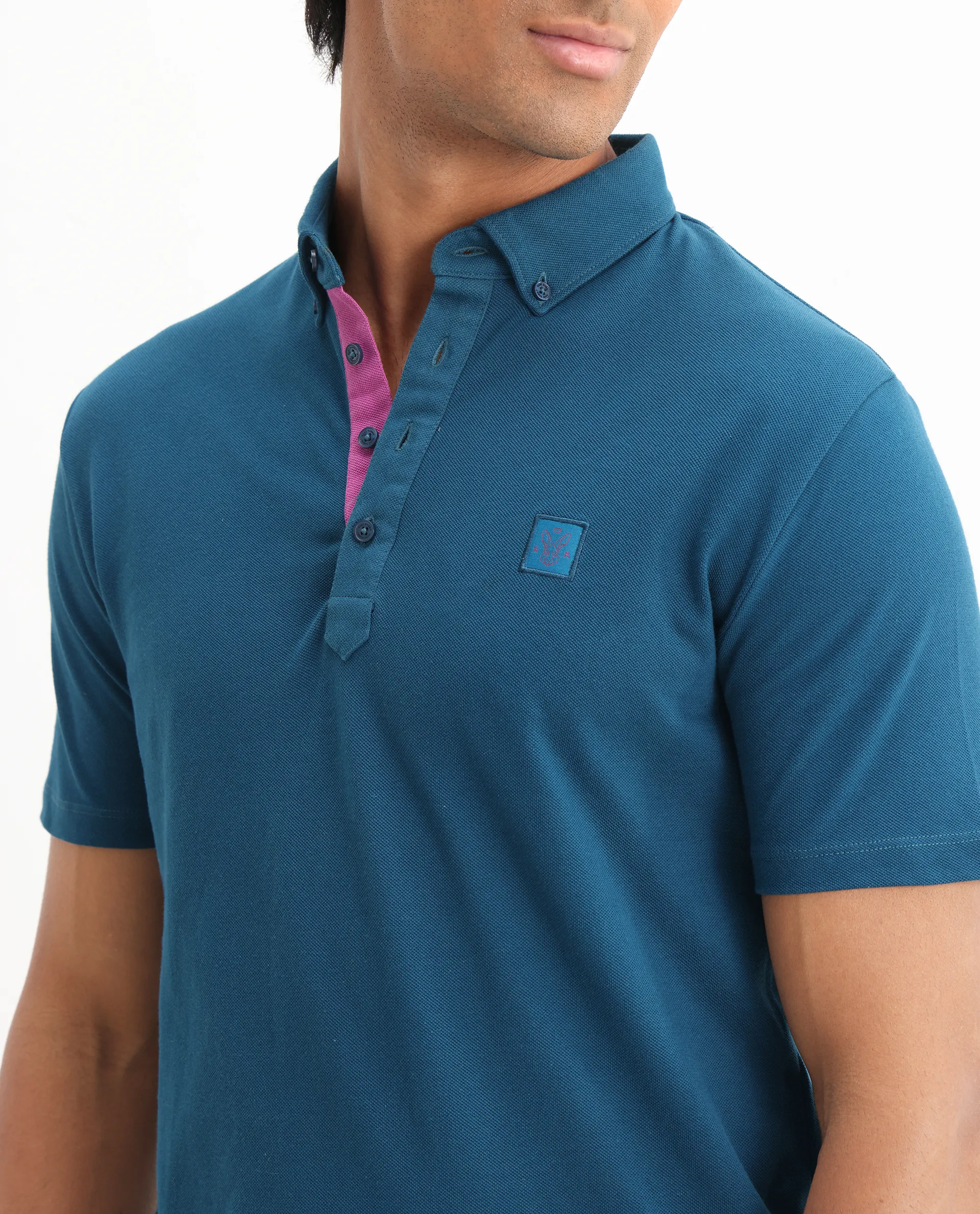 Rare Rabbit Men's Herval Blue Cotton Plain Regular Fit Half Sleeve Polo - Image 5