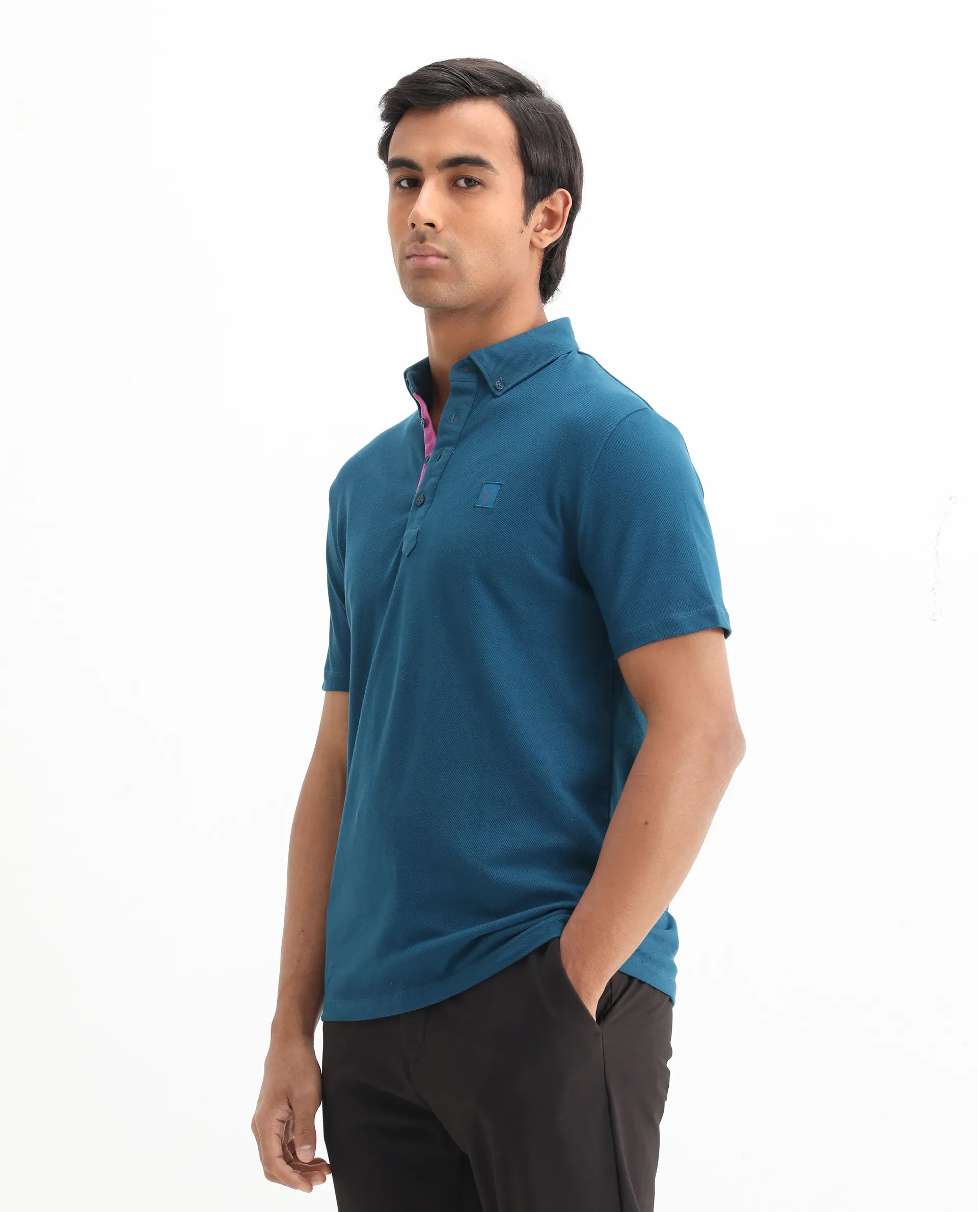 Rare Rabbit Men's Herval Blue Cotton Plain Regular Fit Half Sleeve Polo - Image 7