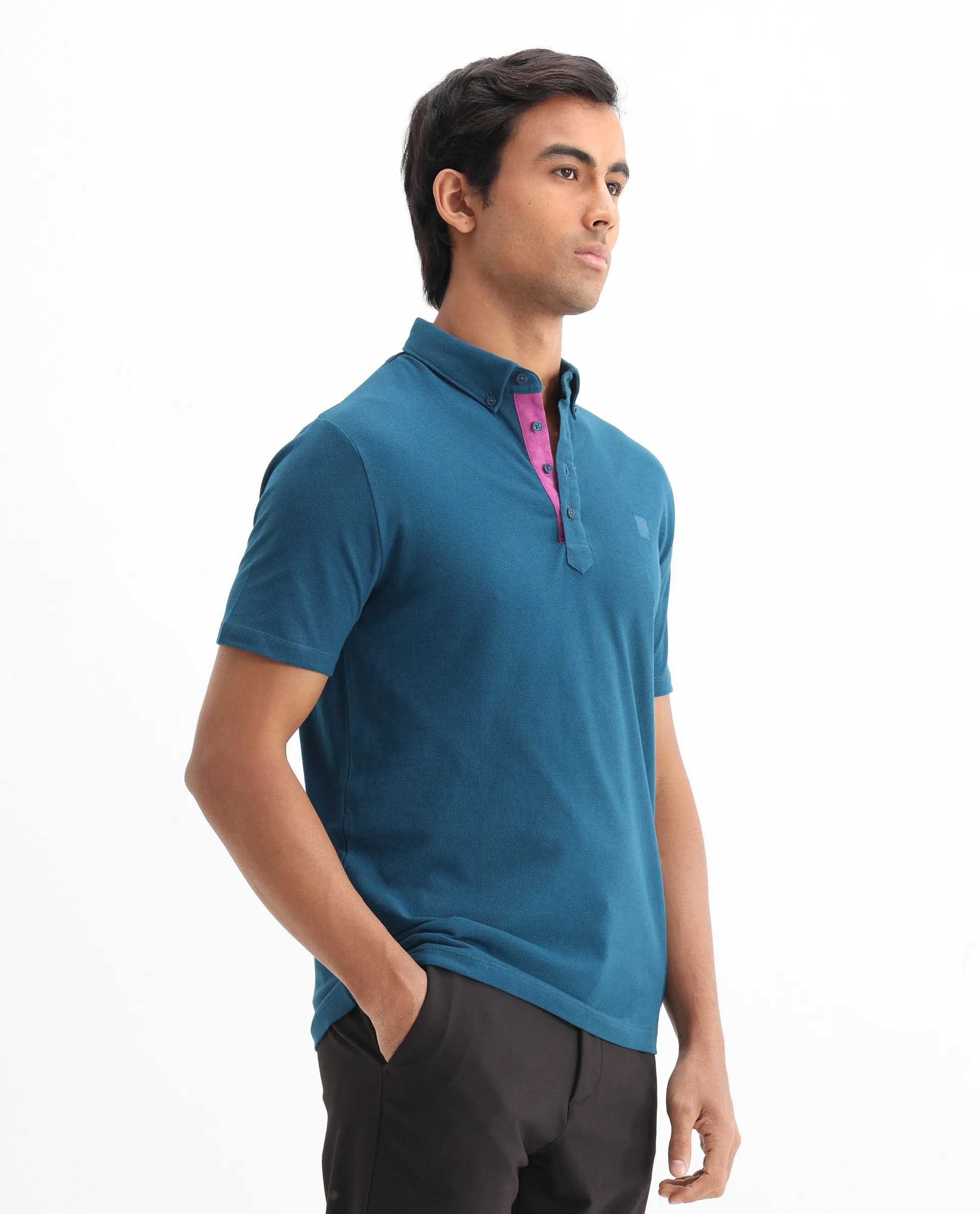 Rare Rabbit Men's Herval Blue Cotton Plain Regular Fit Half Sleeve Polo - Image 8