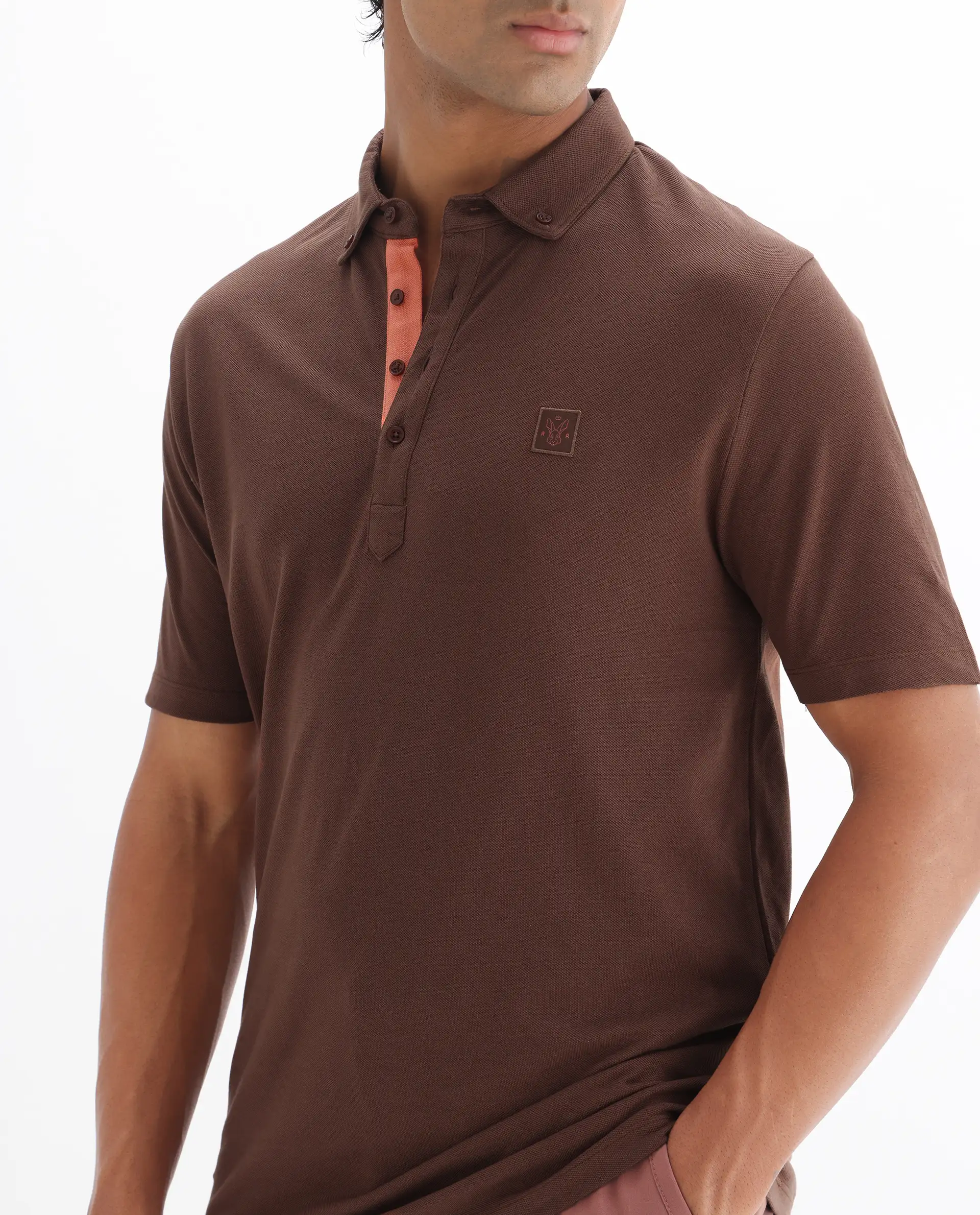 Rare Rabbit Men's Herval Dark Brown Cotton Plain Regular Fit Half Sleeve Polo - Image 3