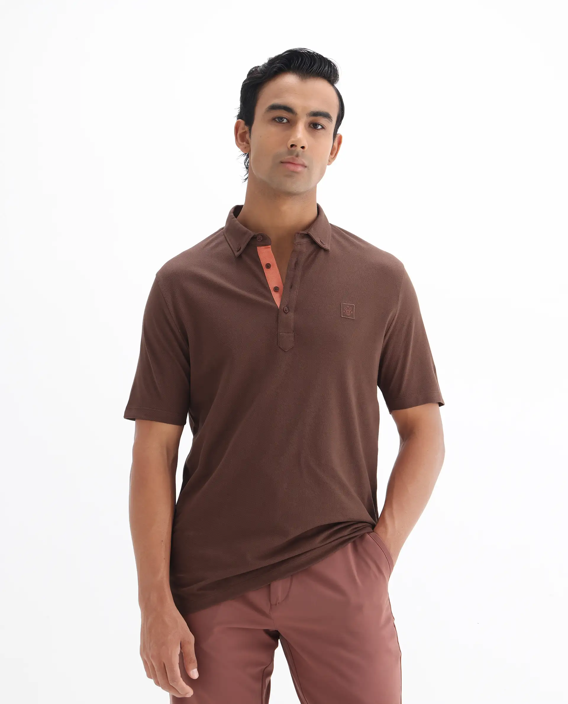 Rare Rabbit Men's Herval Dark Brown Cotton Plain Regular Fit Half Sleeve Polo - Image 4