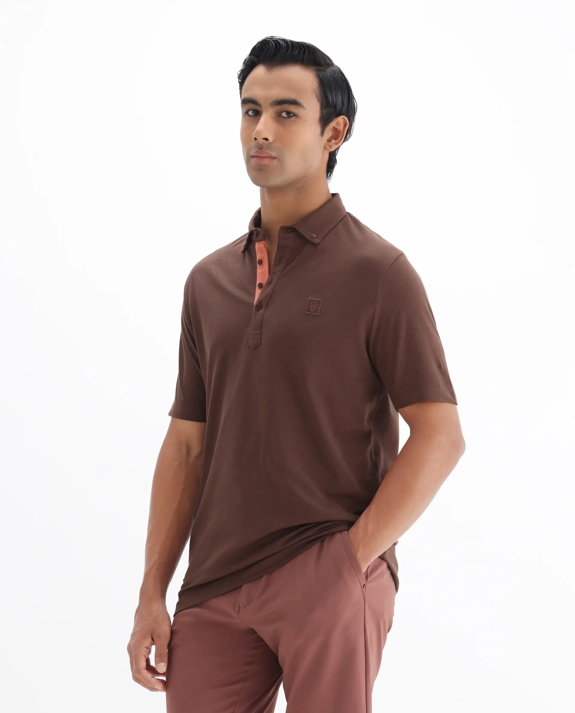 Rare Rabbit Men's Herval Dark Brown Cotton Plain Regular Fit Half Sleeve Polo - Image 5