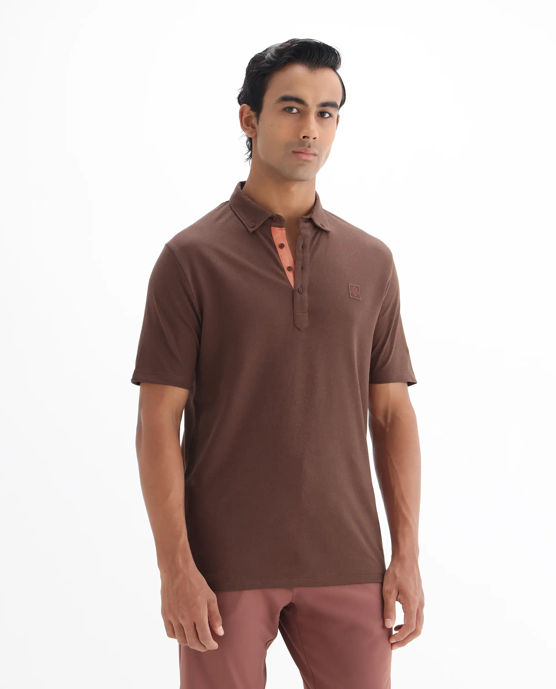 Rare Rabbit Men's Herval Dark Brown Cotton Plain Regular Fit Half Sleeve Polo - Image 6
