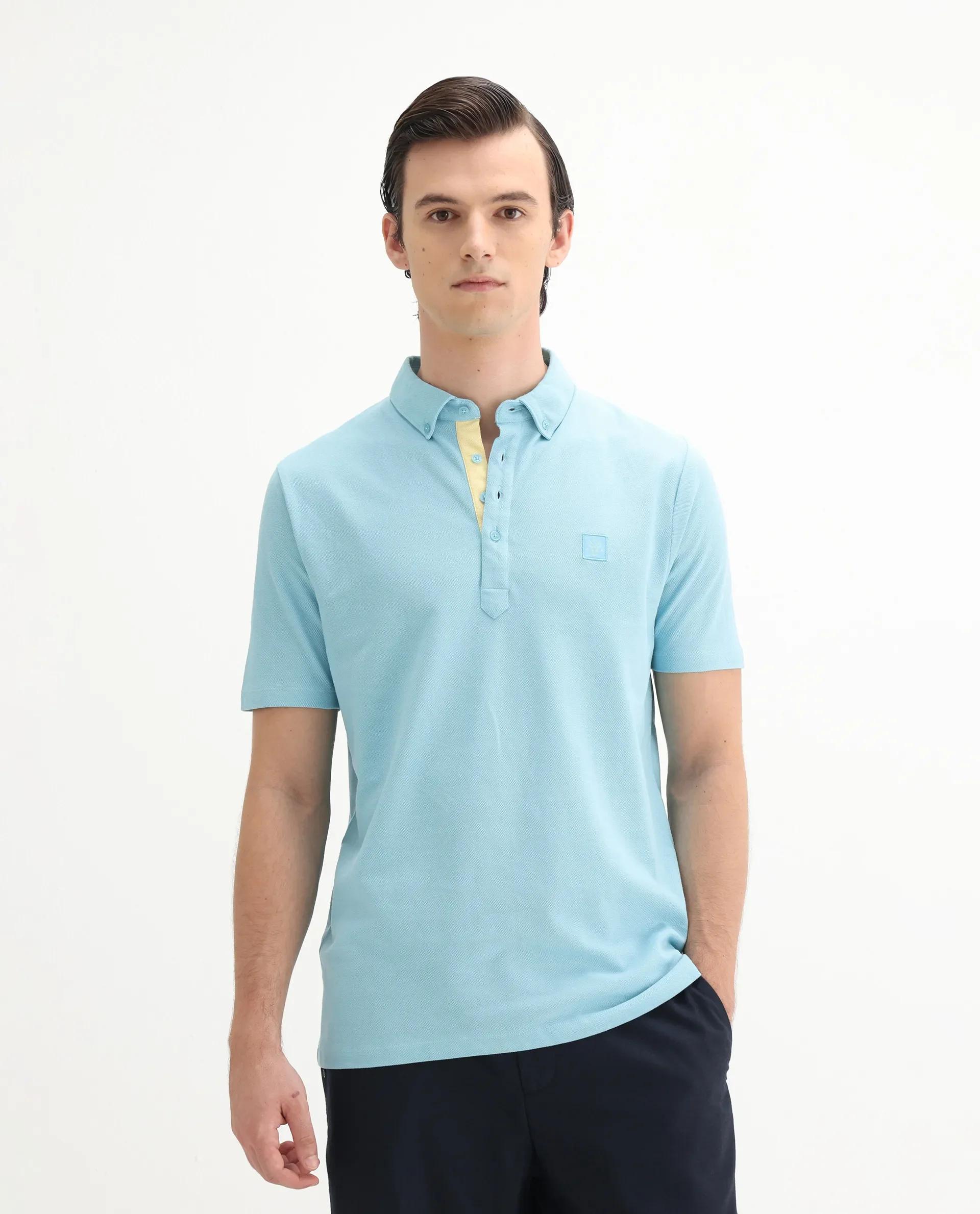 Rare Rabbit Men's Herval Light Blue Cotton Plain Regular Fit Half Sleeve Polo - Image 4