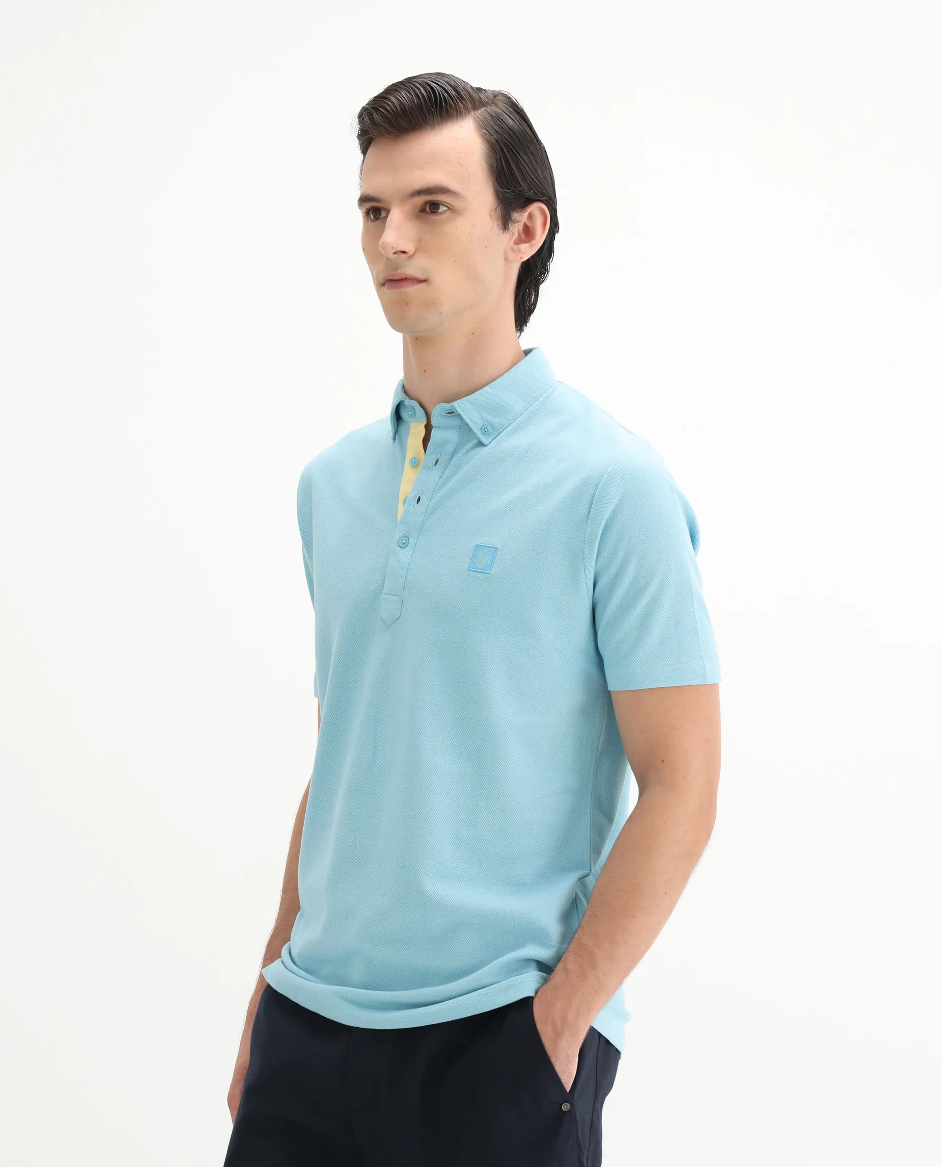 Rare Rabbit Men's Herval Light Blue Cotton Plain Regular Fit Half Sleeve Polo - Image 5