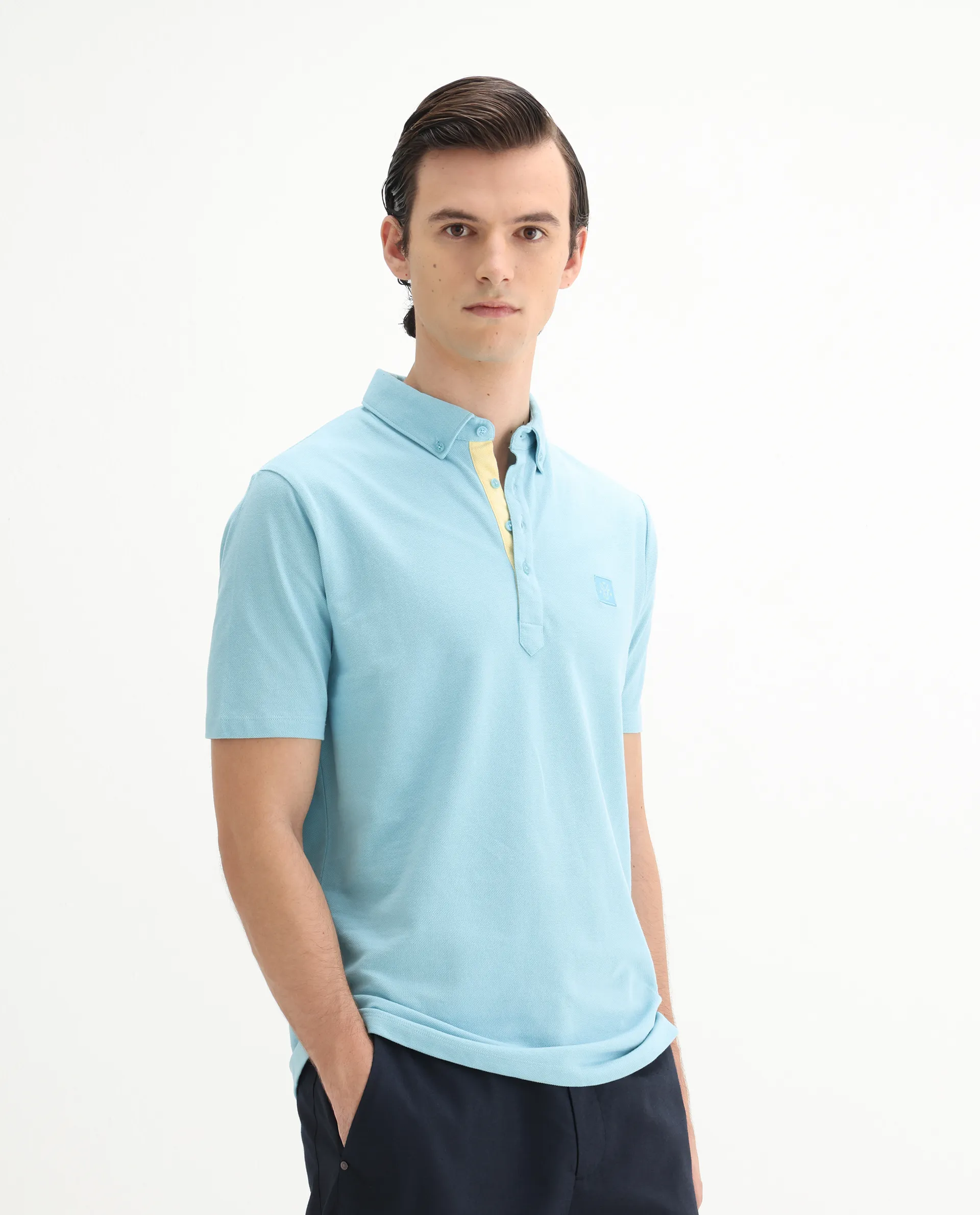 Rare Rabbit Men's Herval Light Blue Cotton Plain Regular Fit Half Sleeve Polo - Image 6