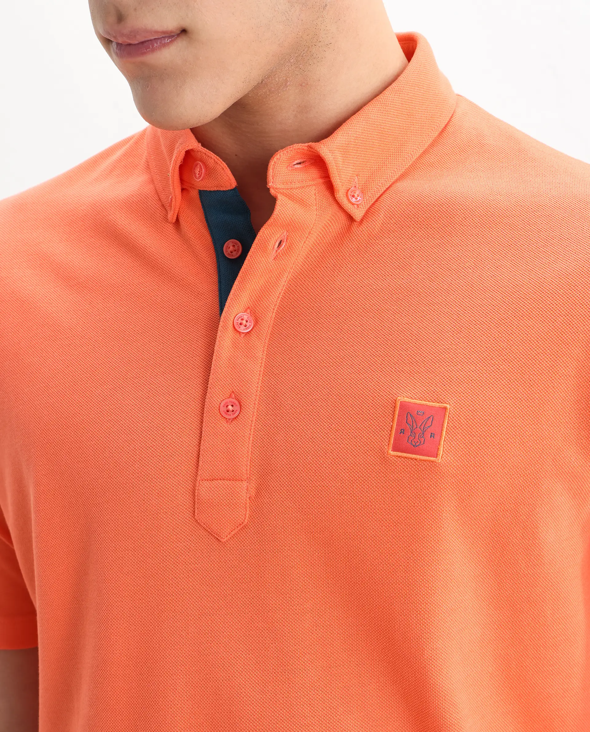 Rare Rabbit Men's Herval Dark Peach Cotton Plain Regular Fit Half Sleeve Polo - Image 3