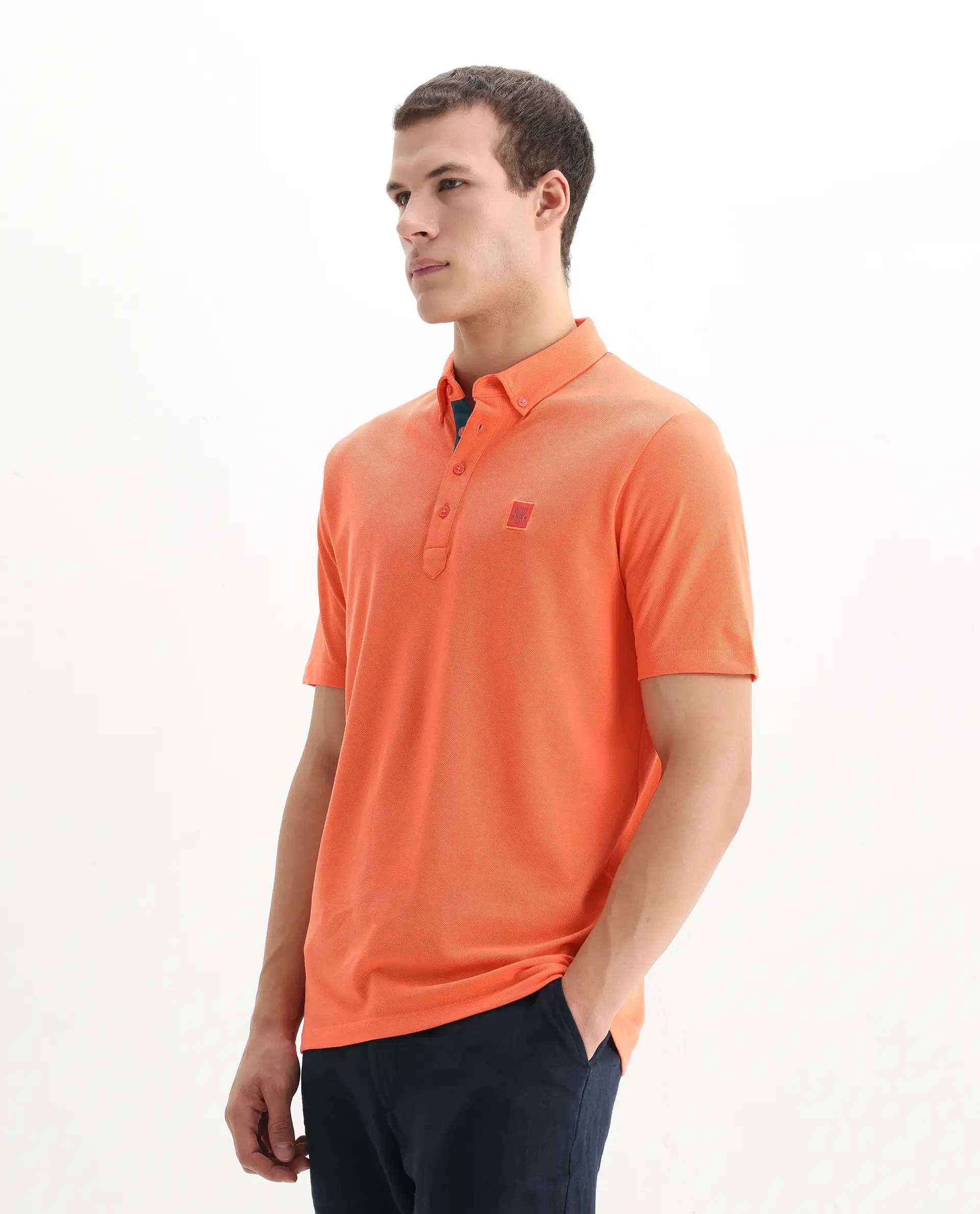 Rare Rabbit Men's Herval Dark Peach Cotton Plain Regular Fit Half Sleeve Polo - Image 4
