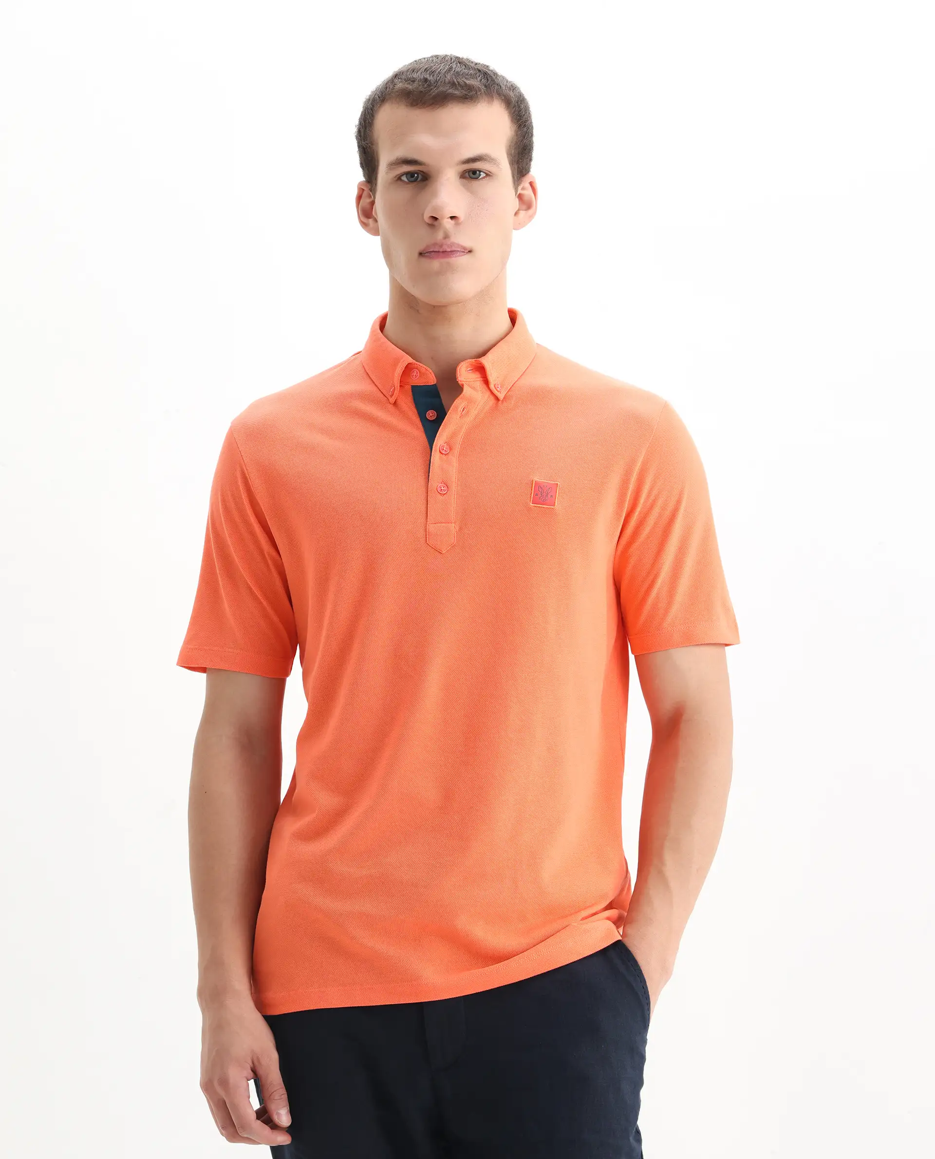 Rare Rabbit Men's Herval Dark Peach Cotton Plain Regular Fit Half Sleeve Polo - Image 5
