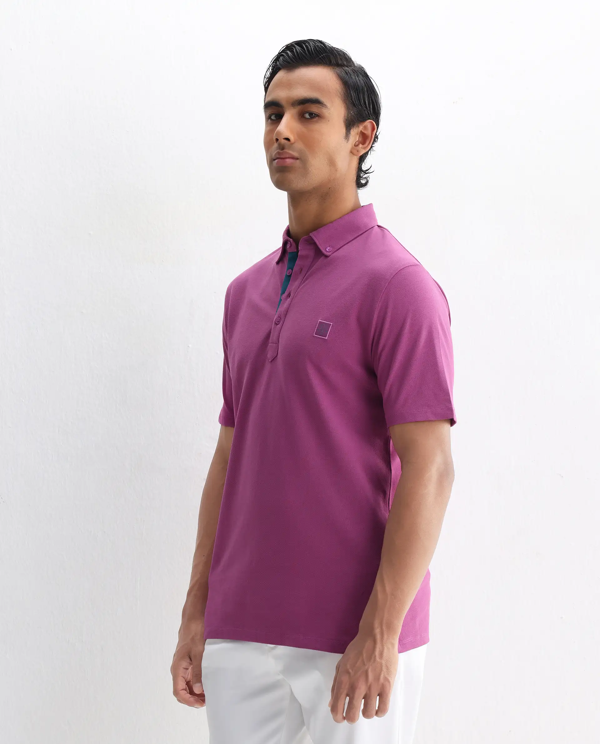 Rare Rabbit Men's Herval Dark Pink Cotton Plain Regular Fit Half Sleeve Polo - Image 5