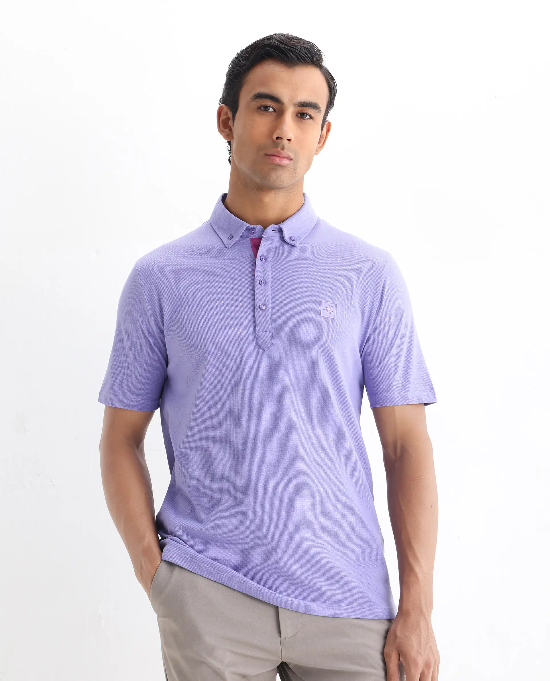 Rare Rabbit Men's Herval Pastel Purple Cotton Plain Regular Fit Half Sleeve Polo - Image 4