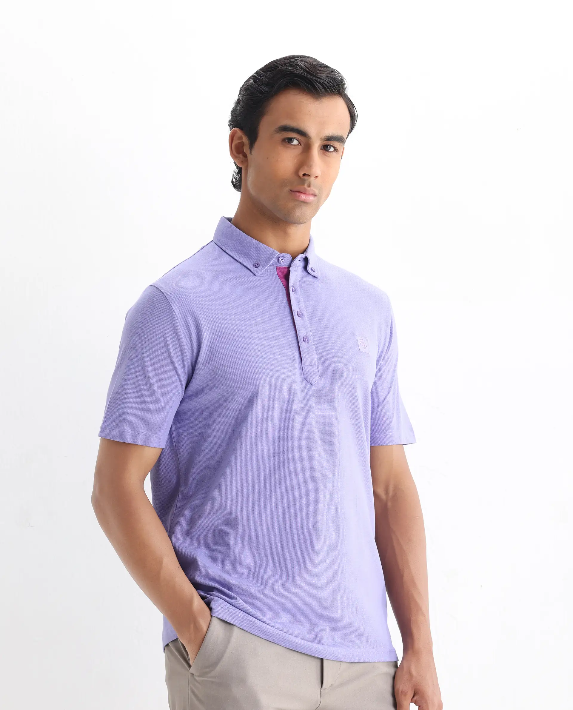 Rare Rabbit Men's Herval Pastel Purple Cotton Plain Regular Fit Half Sleeve Polo - Image 6
