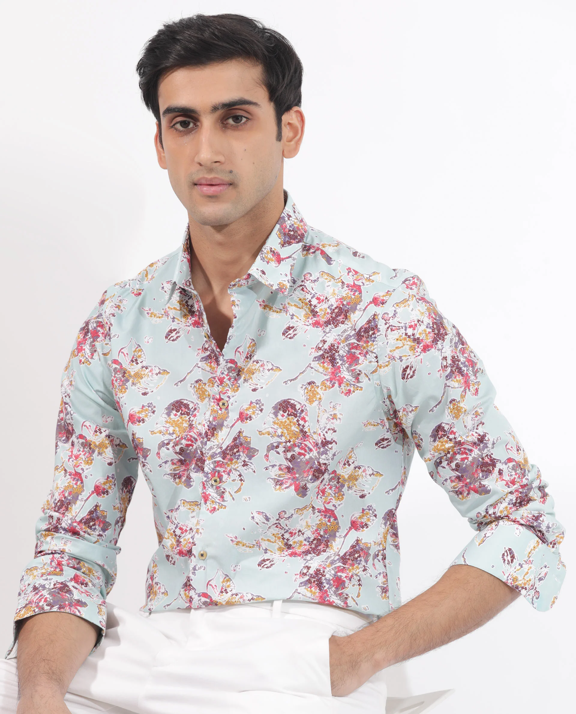 Rare Rabbit Men's Jaqenn Turq Cotton Floral Print Tailored Fit Full Sleeve Collared Shirt - Image 6