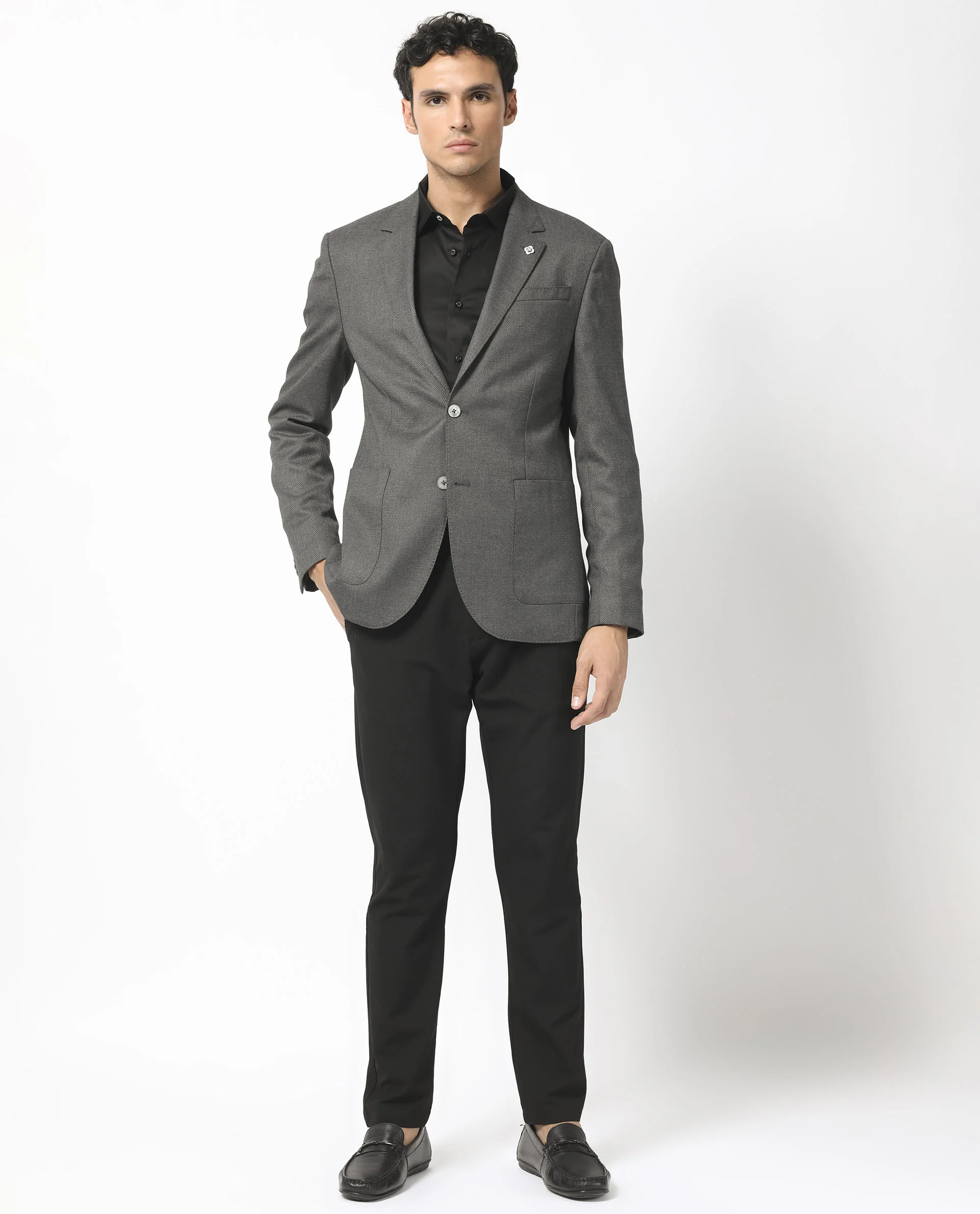 Rare Rabbit Men's Jardo Dark Grey Polyester Plain Tailored Fit Full Sleeve Lapel Neck Blazer - Image 4