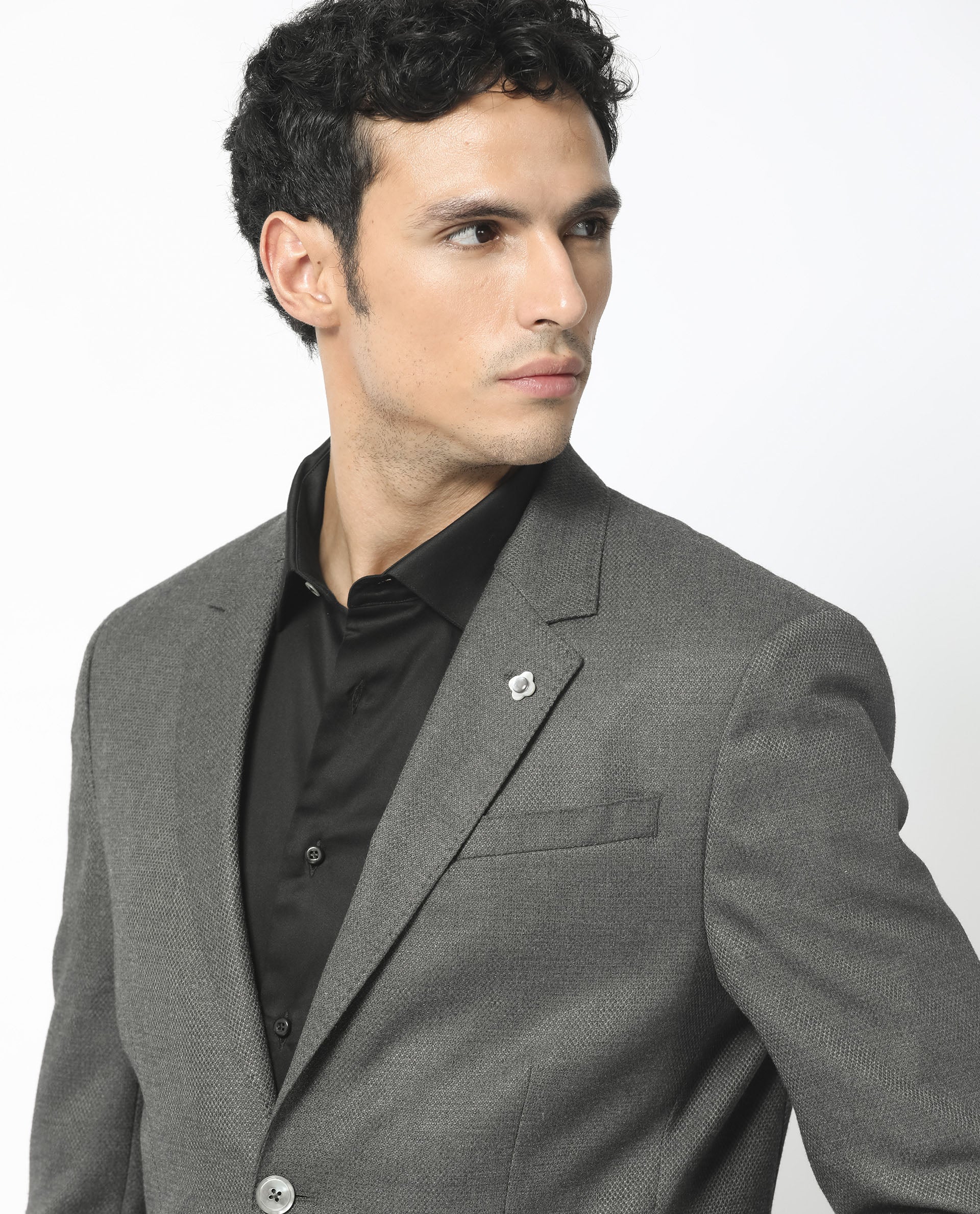 Rare Rabbit Men's Jardo Dark Grey Polyester Plain Tailored Fit Full Sleeve Lapel Neck Blazer - Image 5