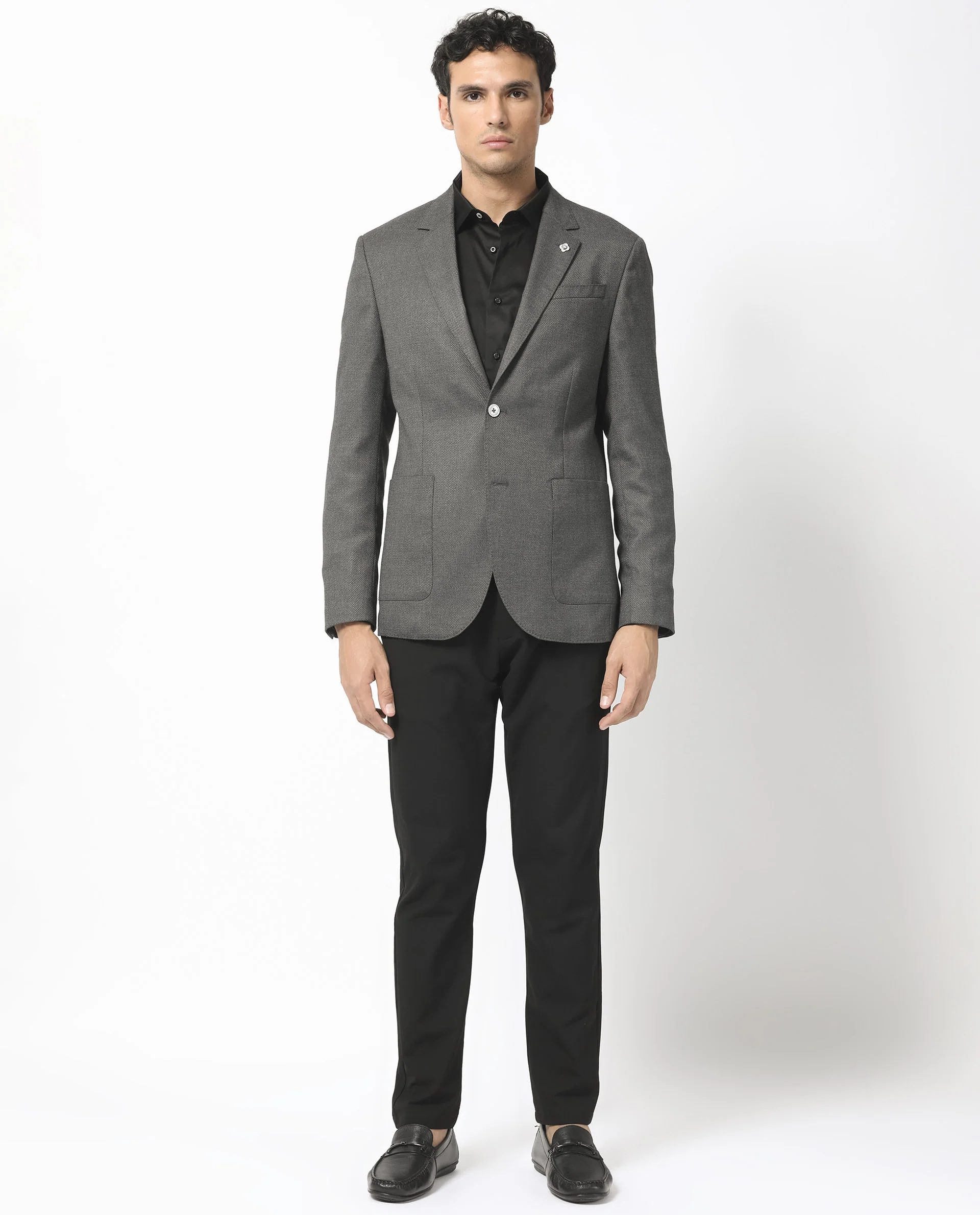 Rare Rabbit Men's Jardo Dark Grey Polyester Plain Tailored Fit Full Sleeve Lapel Neck Blazer - Image 6