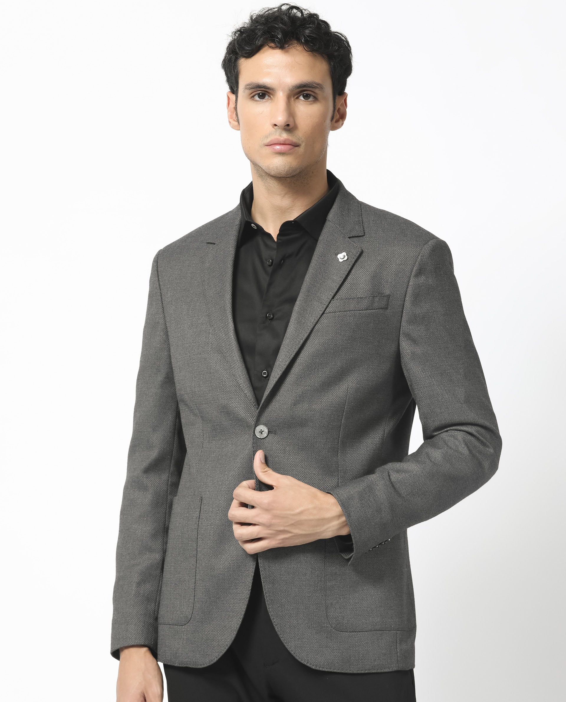 Rare Rabbit Men's Jardo Dark Grey Polyester Plain Tailored Fit Full Sleeve Lapel Neck Blazer - Image 7