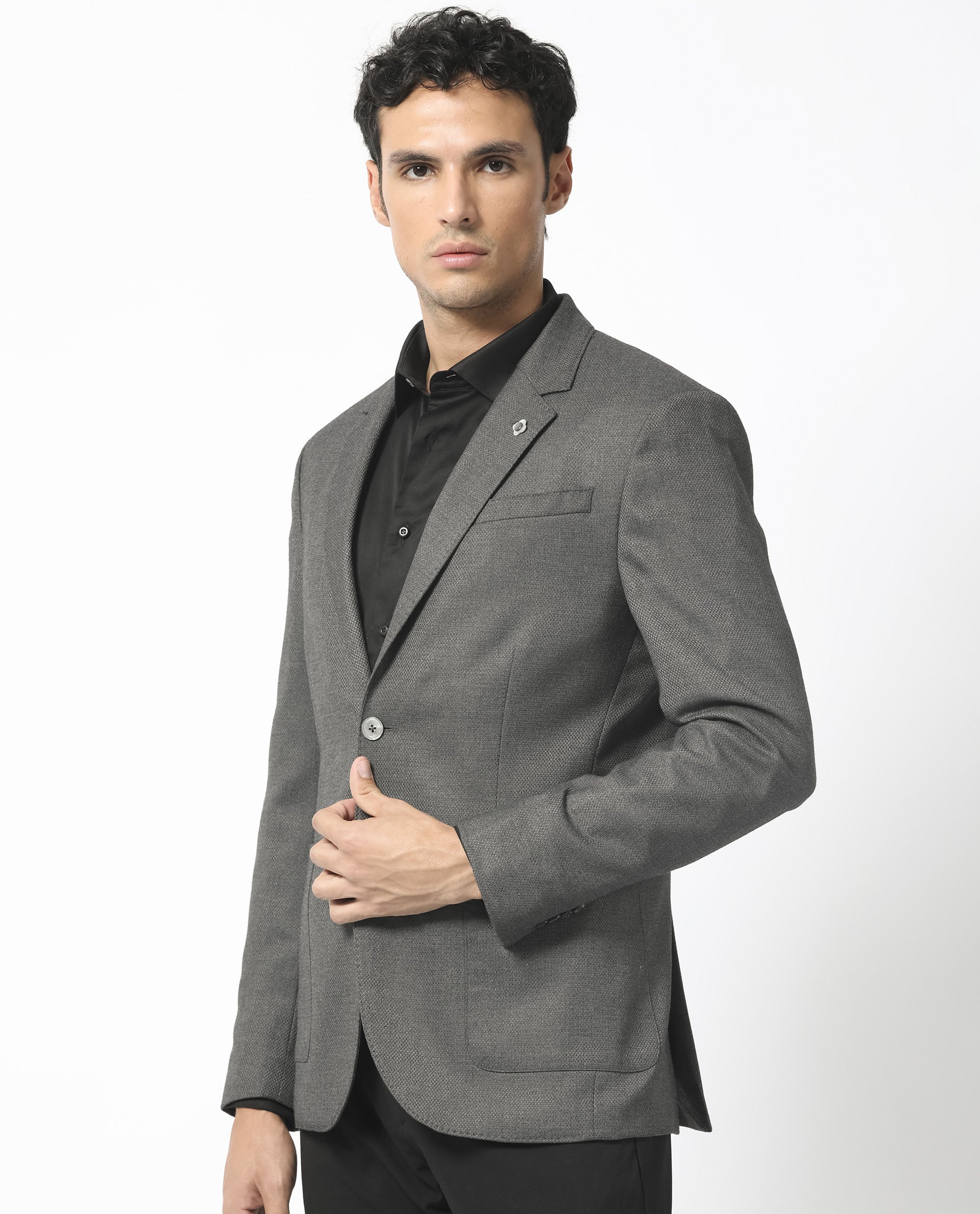 Rare Rabbit Men's Jardo Dark Grey Polyester Plain Tailored Fit Full Sleeve Lapel Neck Blazer - Image 8